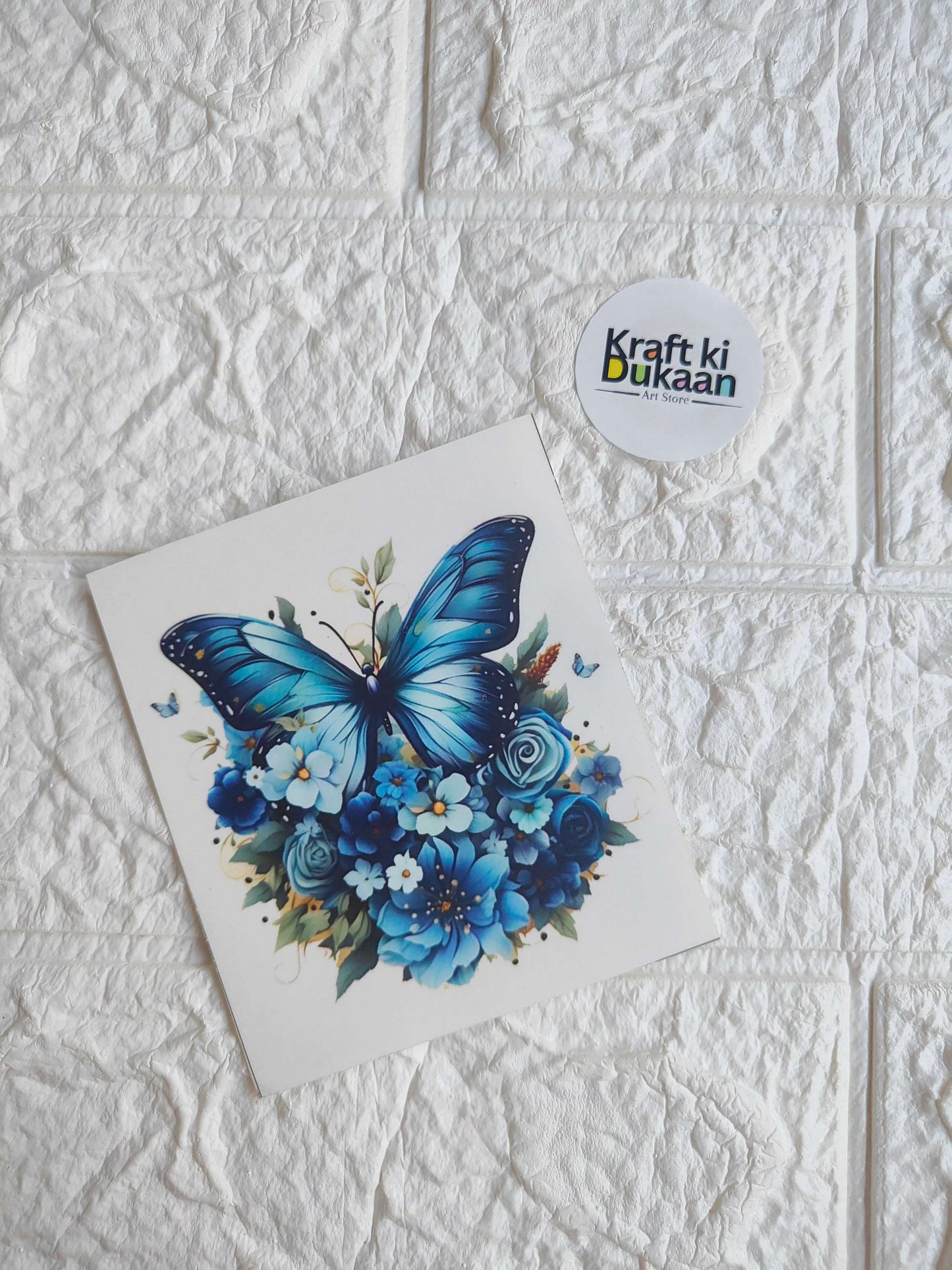 Mini colour sticker sheet with blue butterfly and floral arrangement