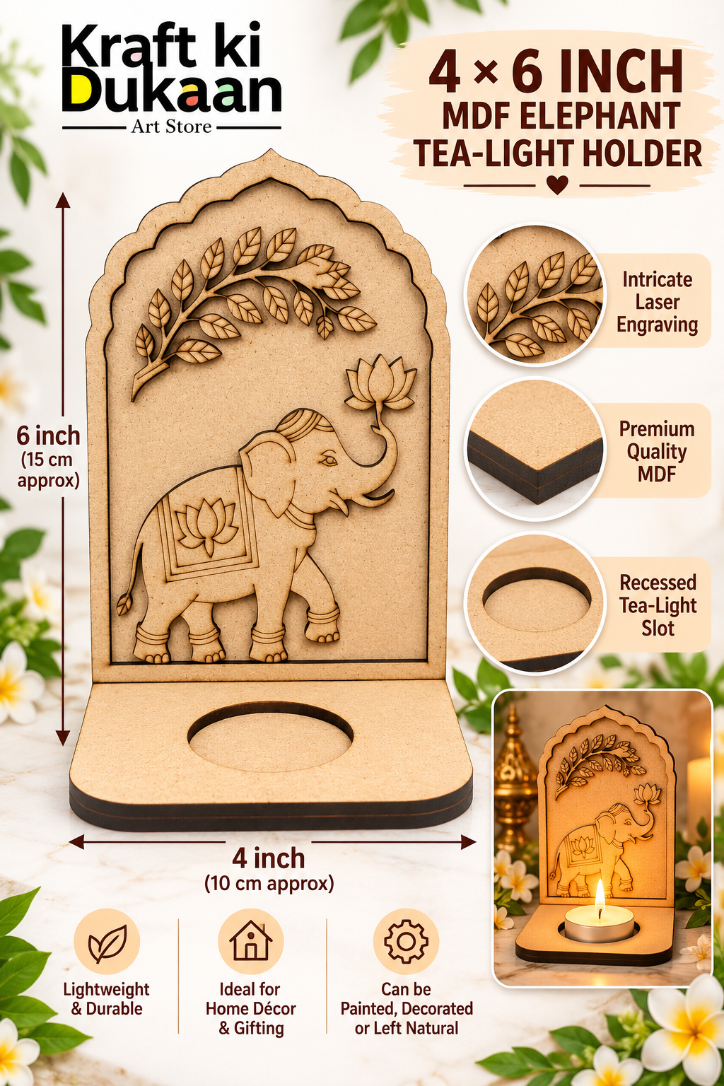 4"X6" Elephant MDF Tlight Holder D1