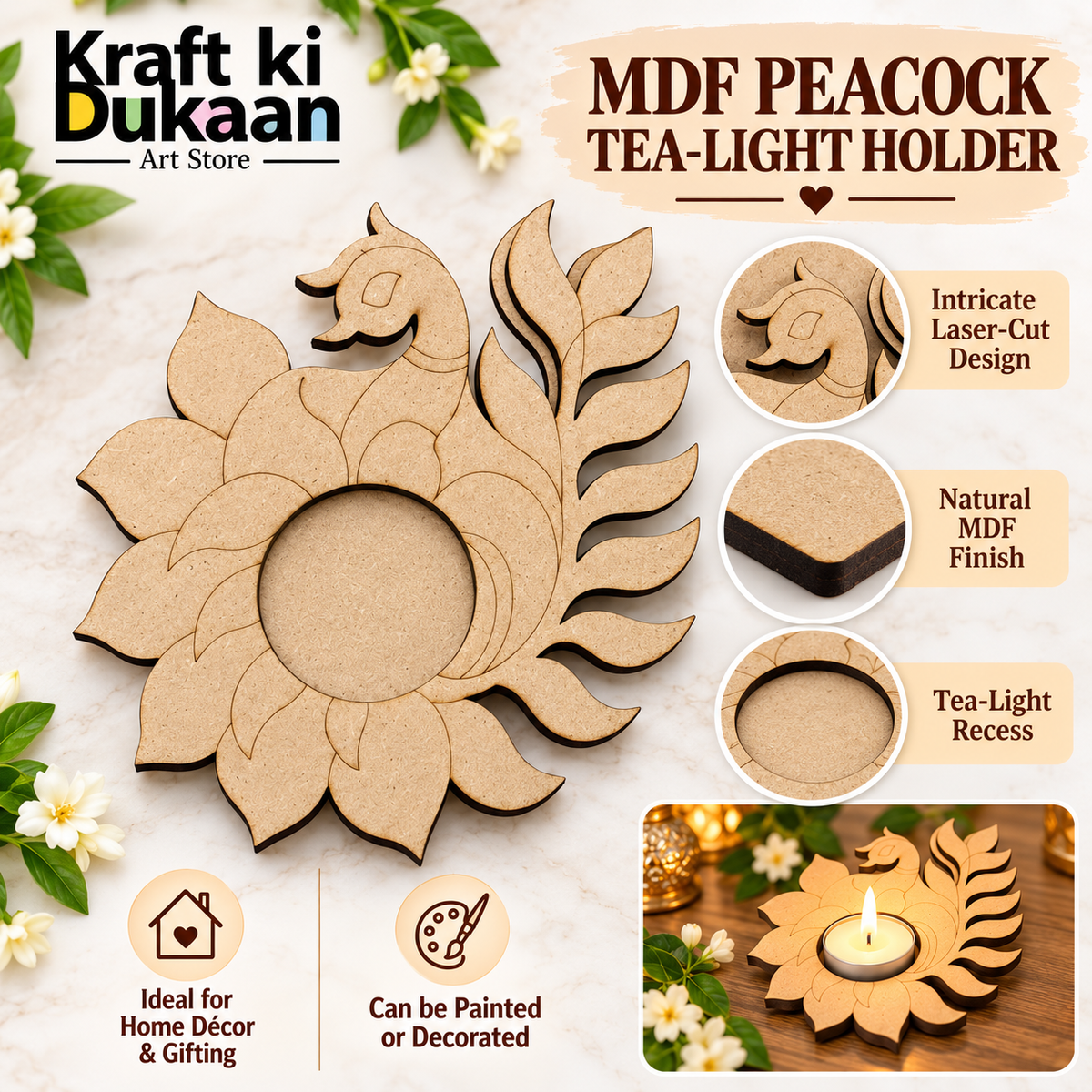 4" MDF Peacock Tlight Holder D1
