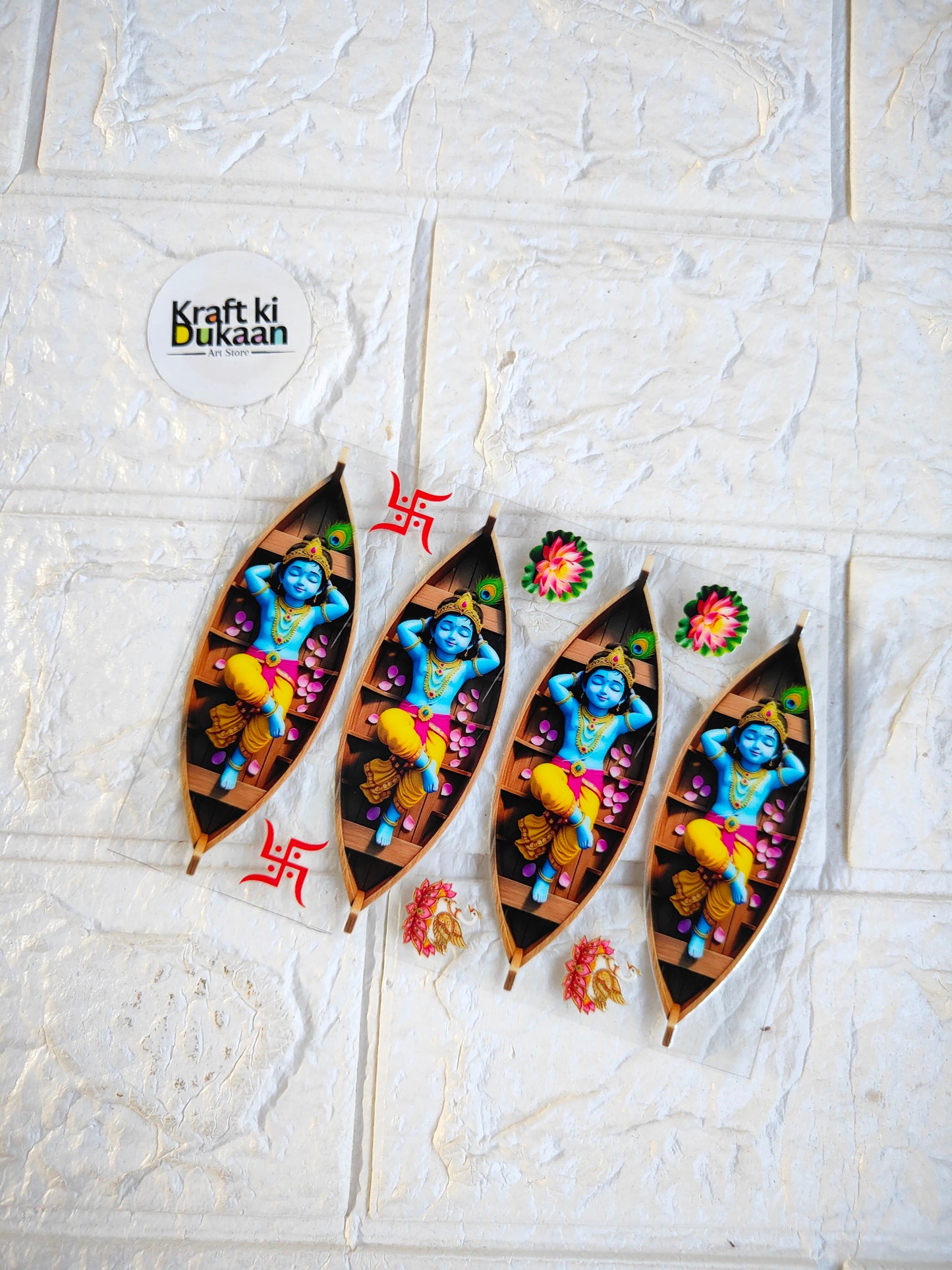 Peel-off sticker sheet with colorful folk art figure and boat-shaped designs