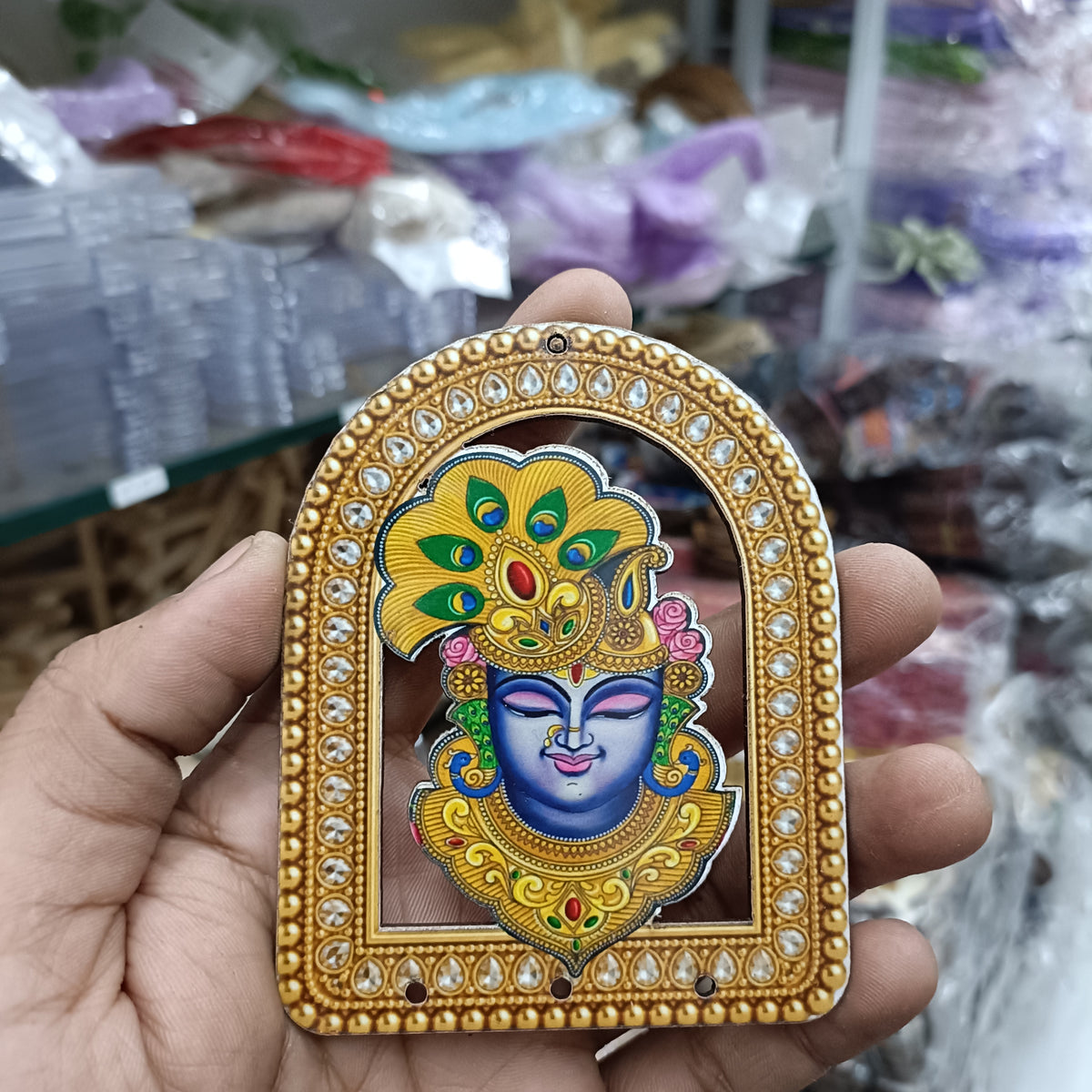 Arched Shrinath Ji MDF wall plaque with gold border and colorful deity face