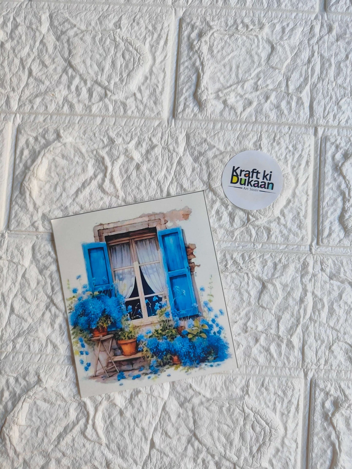 Mini colour sticker sheet with blue window and potted flowers scene