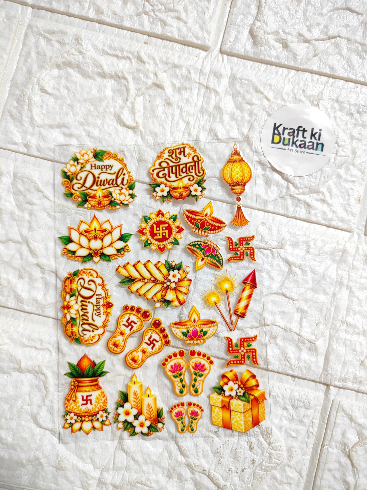 Peel-off decorative sticker sheet with colorful Diwali symbols and flowers