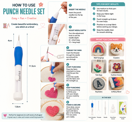 Punch needle embroidery tool with blue handle and white grip, needle tip included