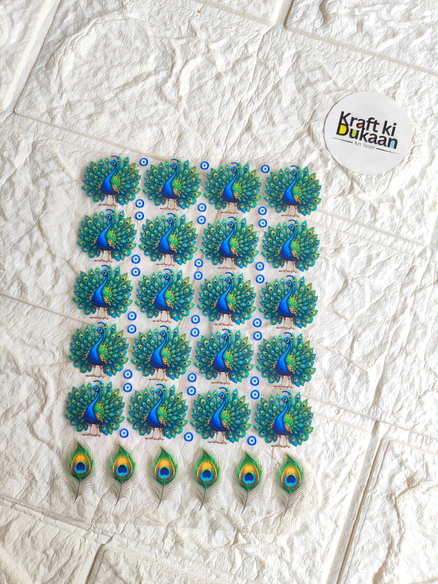 UV DTF peel-off sticker sheet with blue peacock feather decals