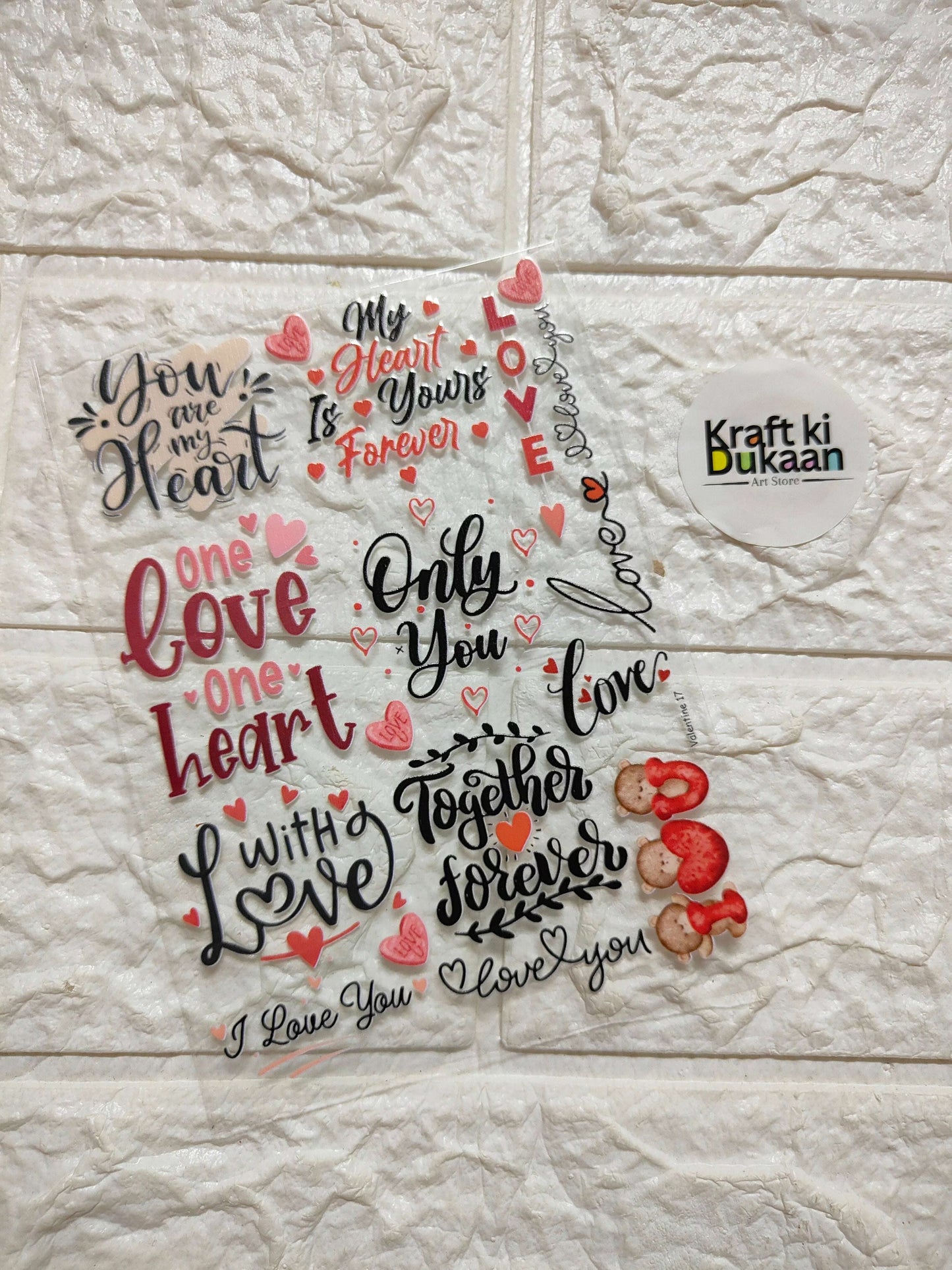 UV DTF peel-off sticker sheet with hearts, love words, and strawberries—Kraft ki Dukan