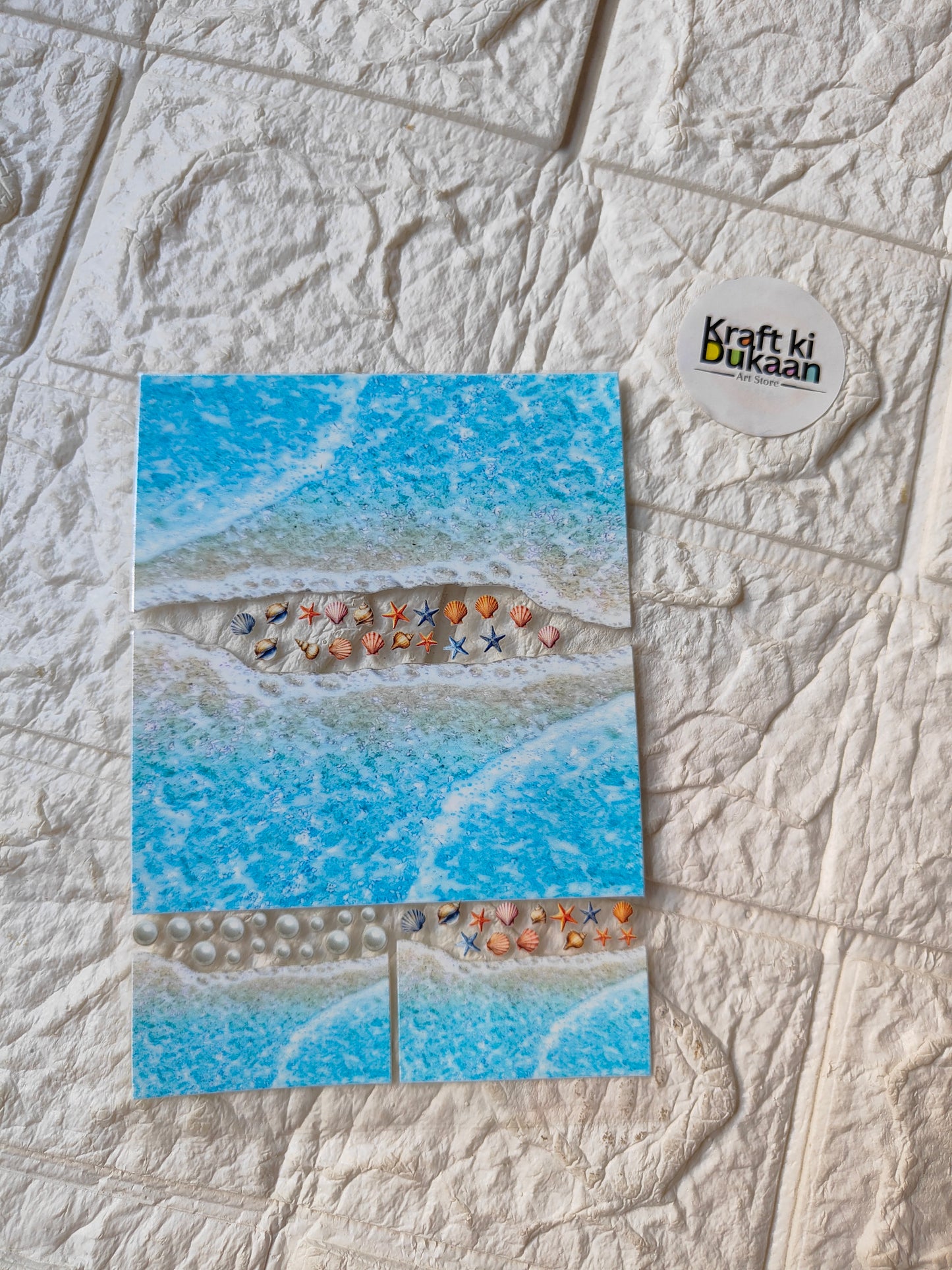 UV DTF peel-off sticker sheet with blue gradient sky and small pattern icons