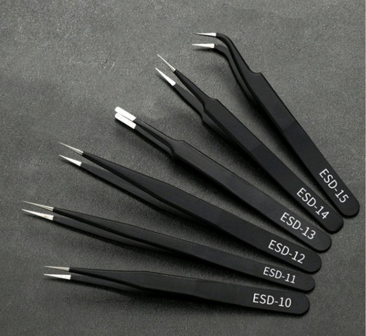 6-piece ESD stainless steel tweezer set, black tweezers with pointed tips labeled ESD-10–15