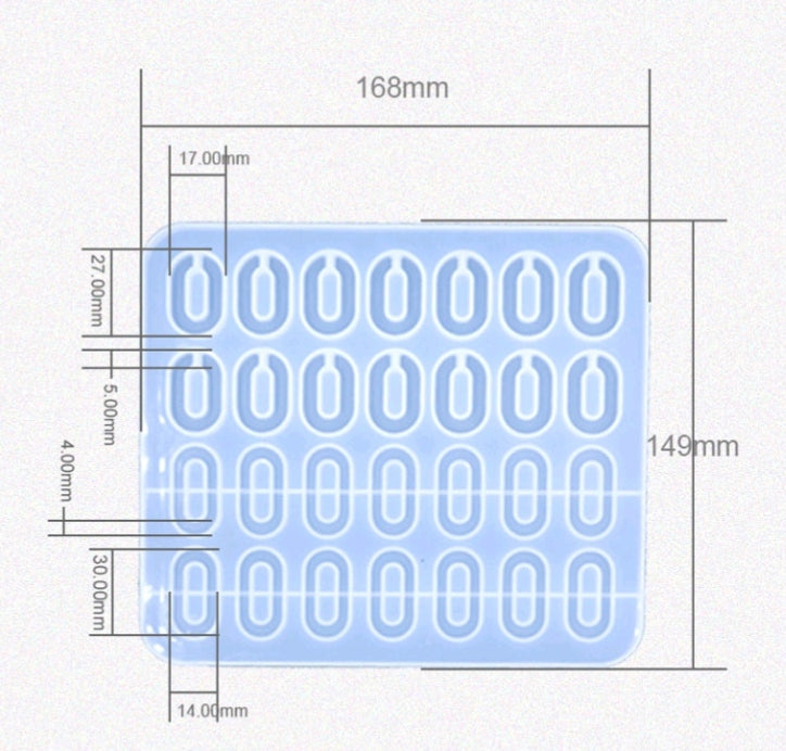 Blue silicone oval 28-cavity jewellery mould with raised cavity outlines