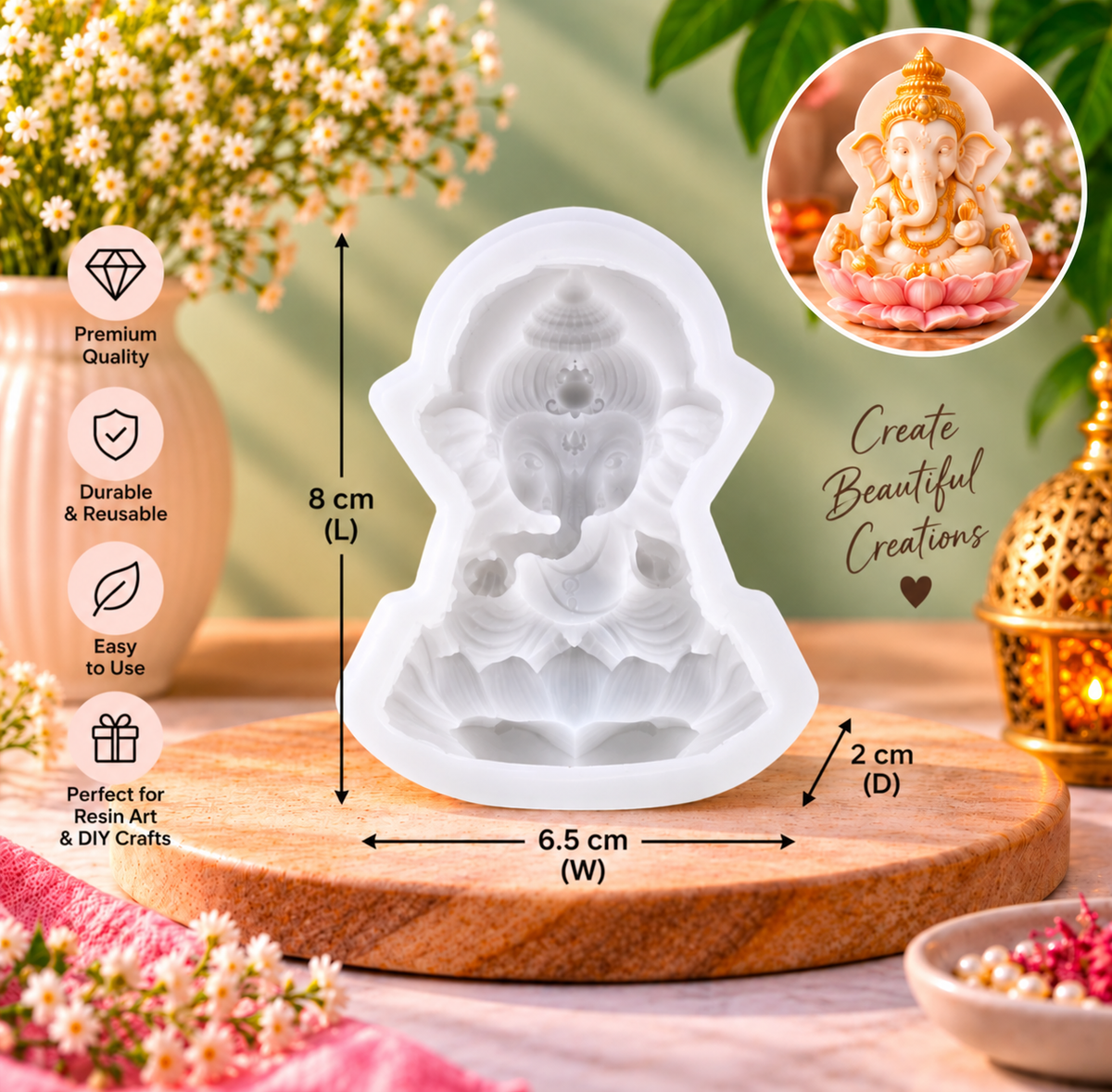 White silicone 3D Ganesh deity mold with raised details, for resin casting