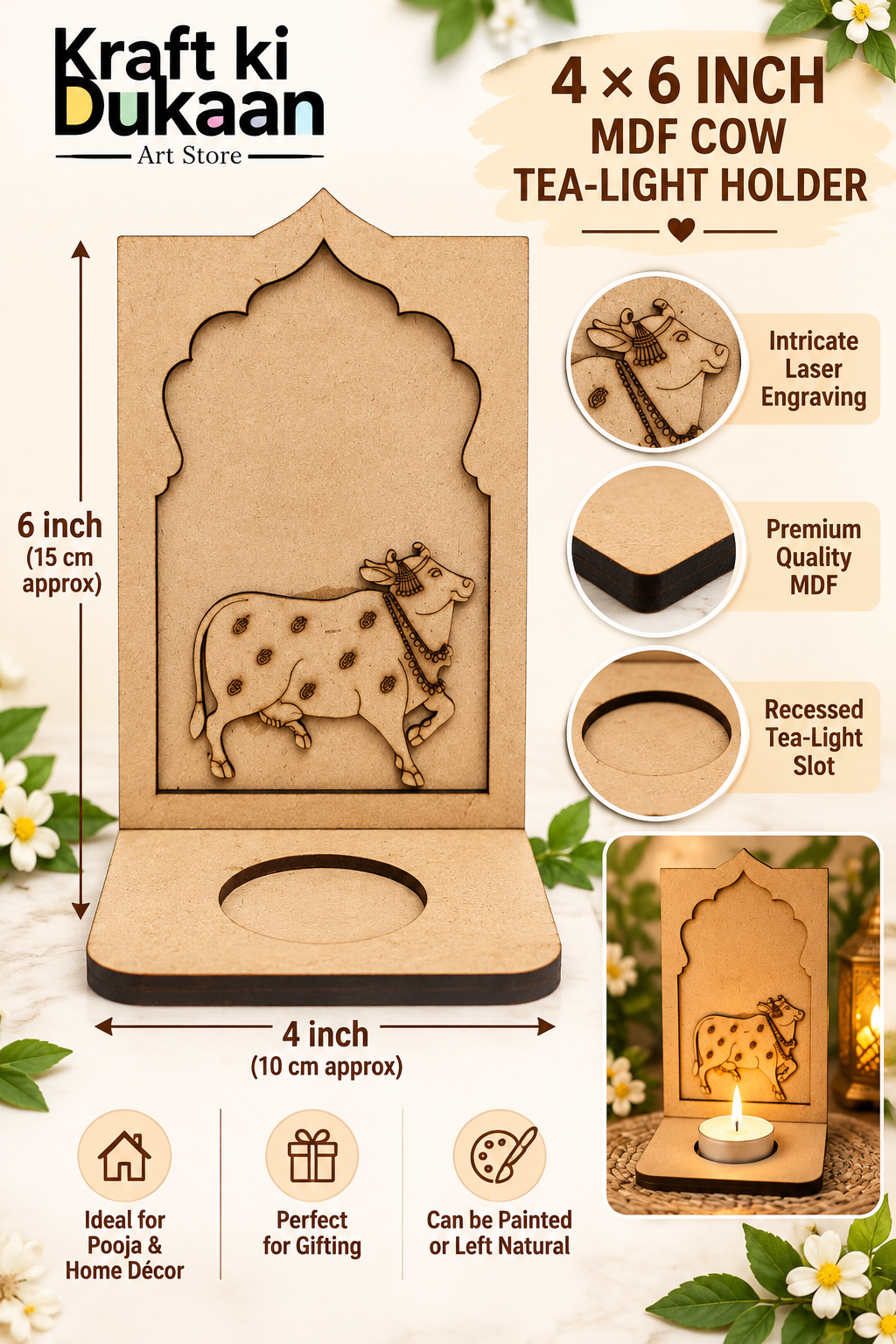 4"X6" Cow MDF Tlight Holder D1