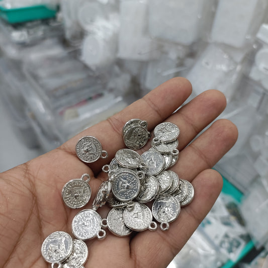 Silver circular rakhi bracelet coin charms with small loops for attaching