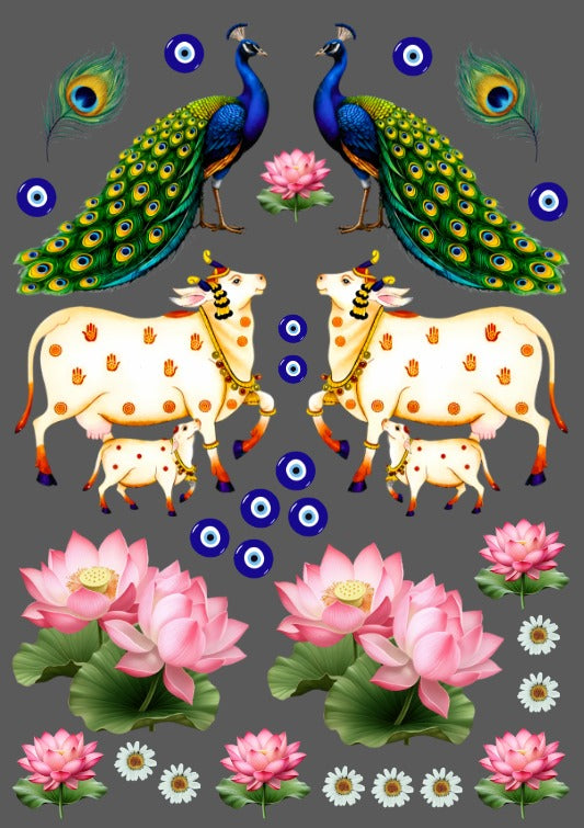 Peacock and lotus flower sticker sheet with peel-off designs and small eye motifs