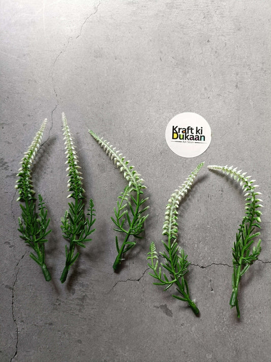 Artificial flower sprig set of 5 with white spike blossoms on green stems