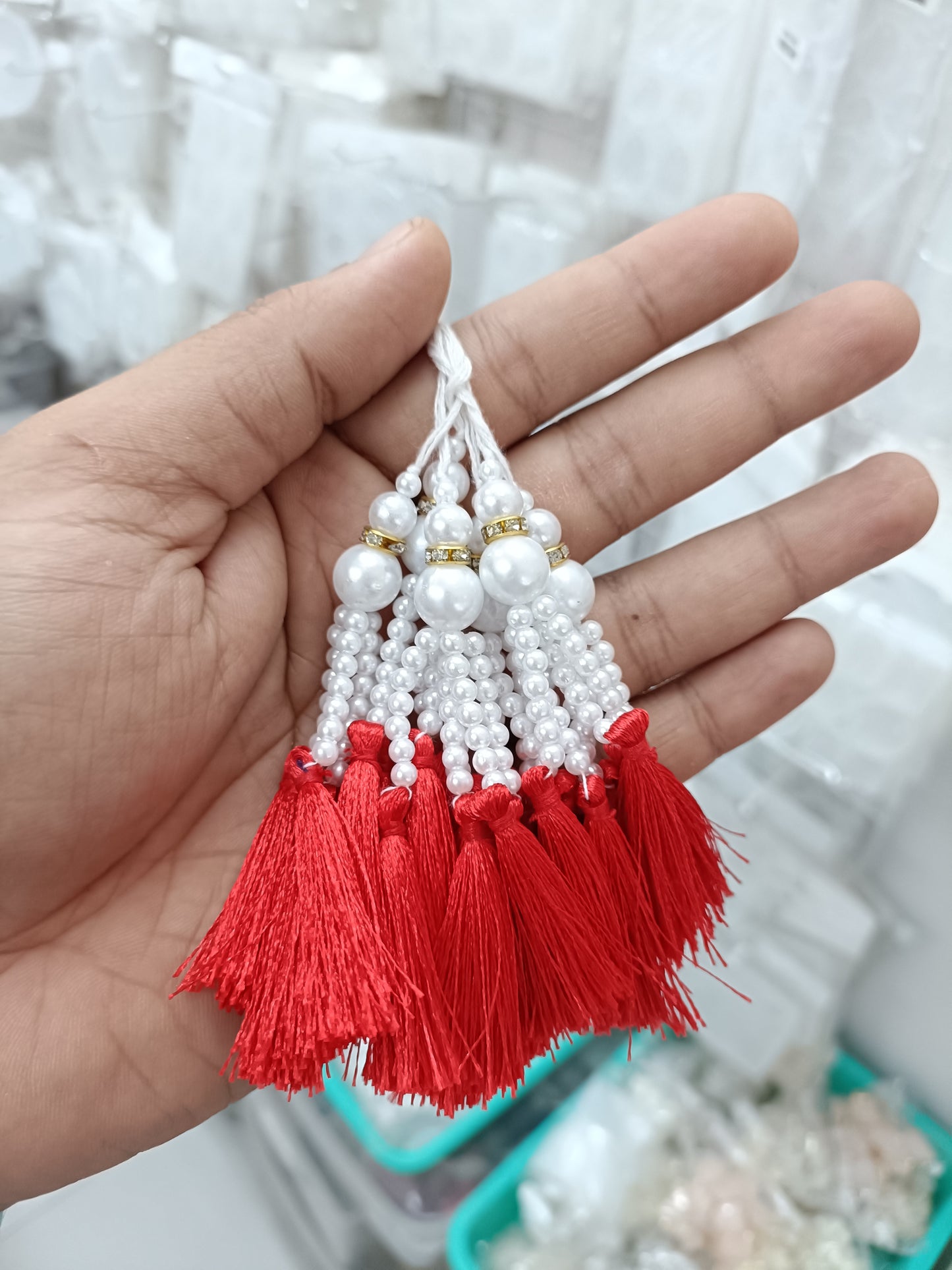 Beaded pearl latkan tassel bunch with red silk tassels and white bead loops