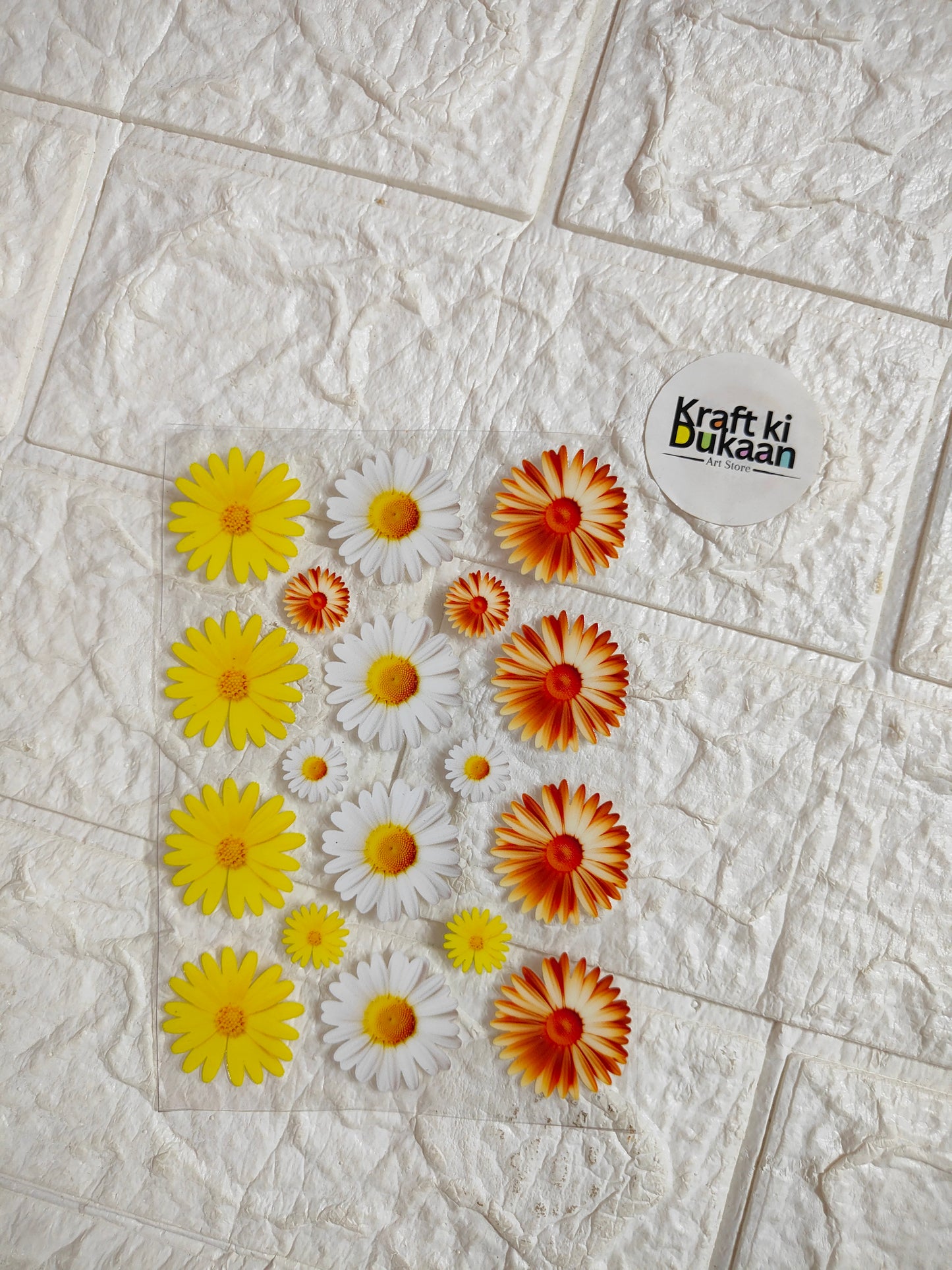 UV DTF peel-off sticker sheet: yellow & red daisy flowers, round 'Kraft ki Dukaan' sticker
