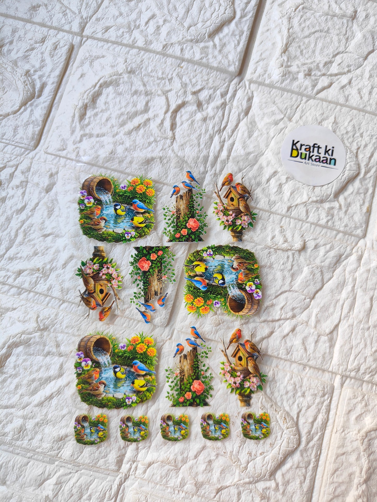 UV DTF peel-off sticker sheet with colorful bird-and-flower designs, multiple shapes