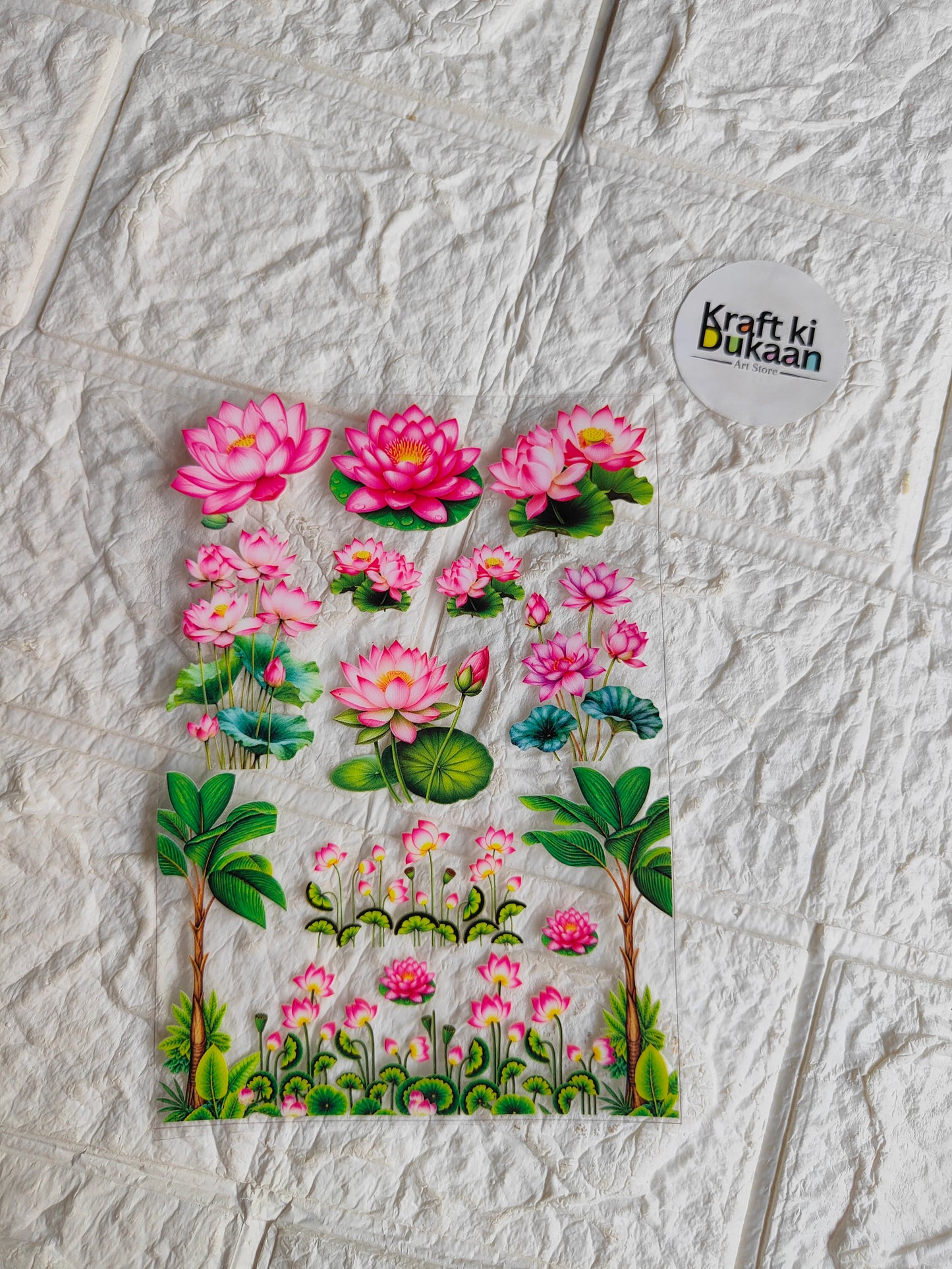UV DTF peel-off sticker sheet with pink lotus and floral garden design