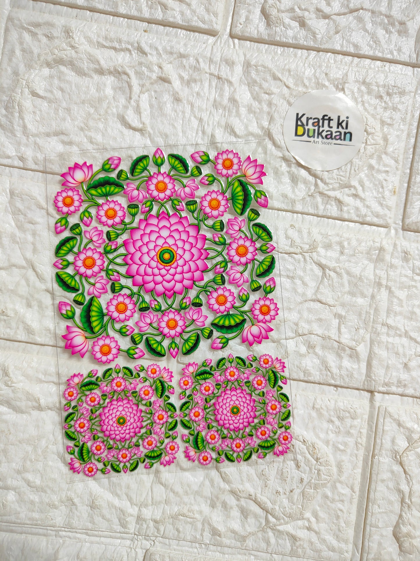 Peel-off lotus floral UV DTF sticker sheet with pink flowers and green leaves