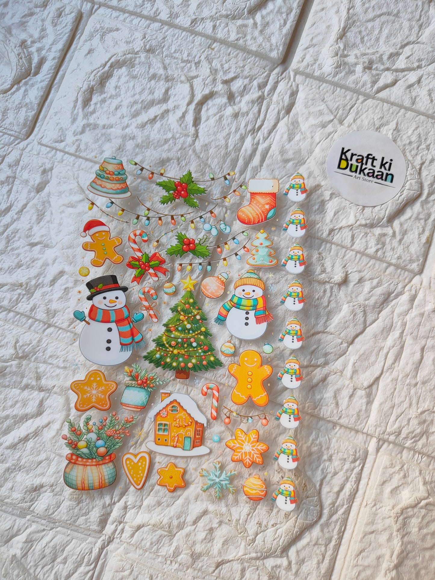 Christmas UV DTF peel-off sticker sheet with snowmen, trees, gingerbread and stars