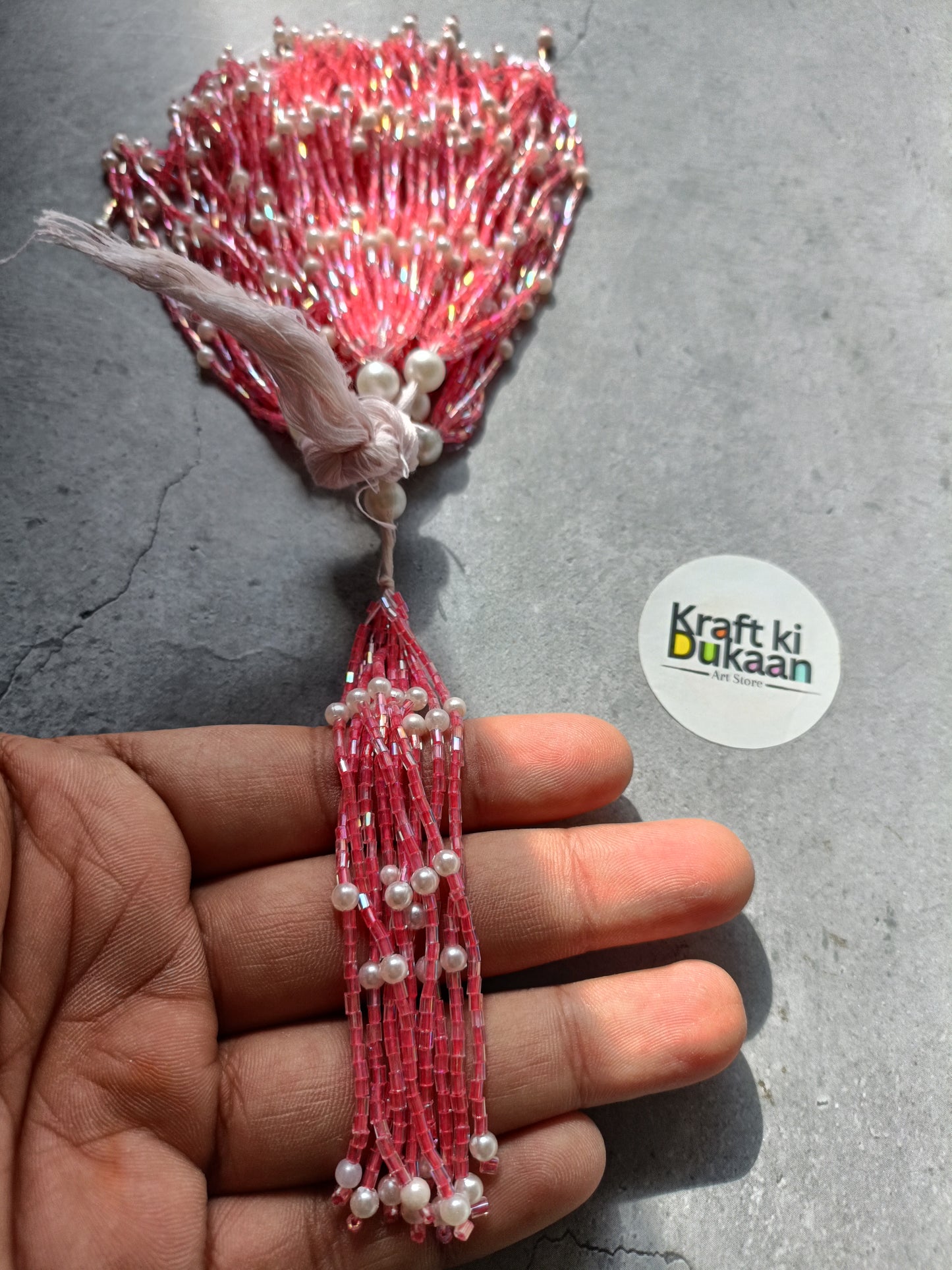 Red beaded tassel latkan charm with pearl beads and hanging loop