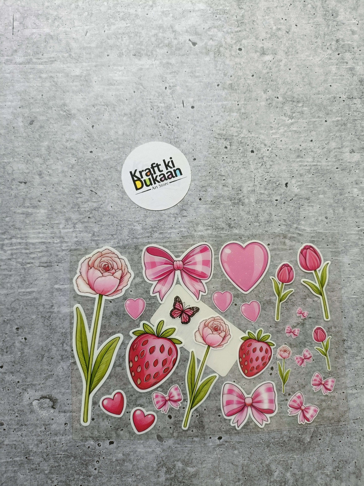 UV DTF Peel off sticker sheet J38 with roses, strawberries, hearts and bows