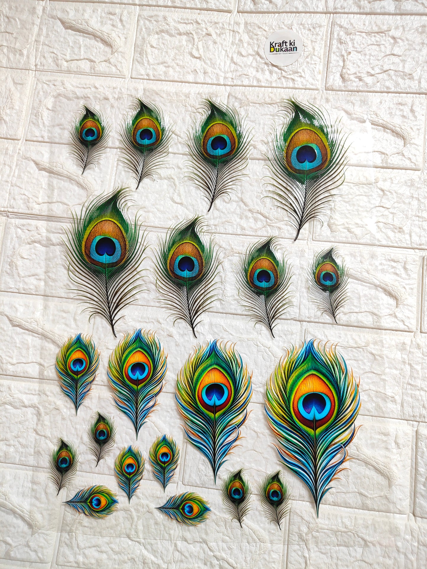 Peacock feather peel-off sticker sheet with colorful feather decals, A3