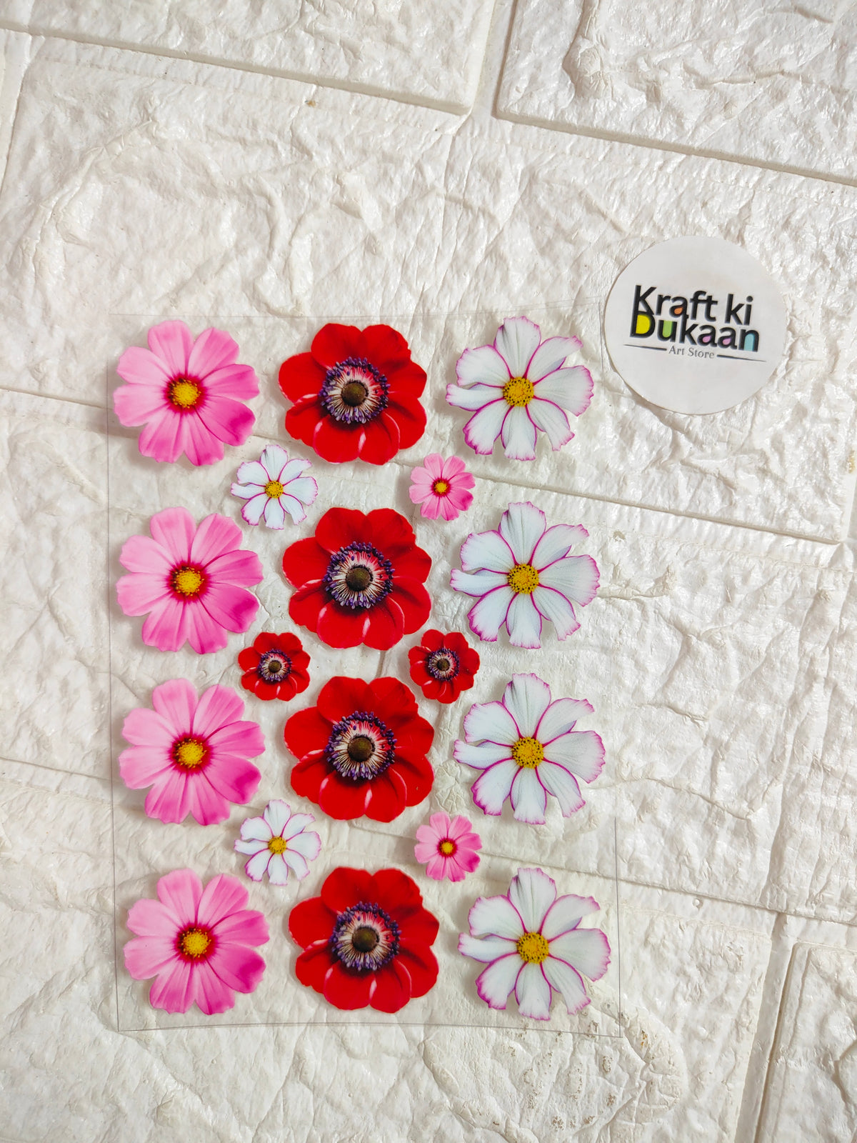 Peel-off sticker sheet with multicolor flower decals: pink, red, and white blossoms