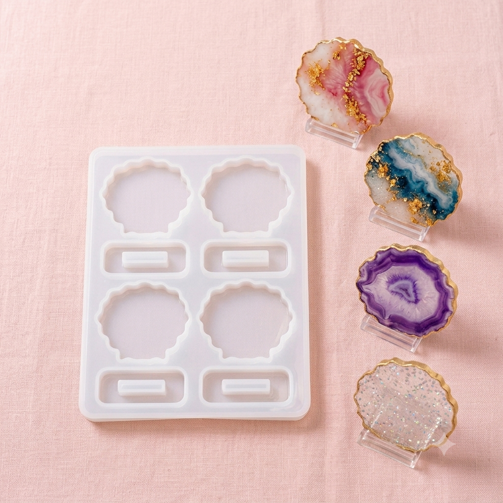 2-inch agate frame holder silicone mold with four circular cavities and base slots