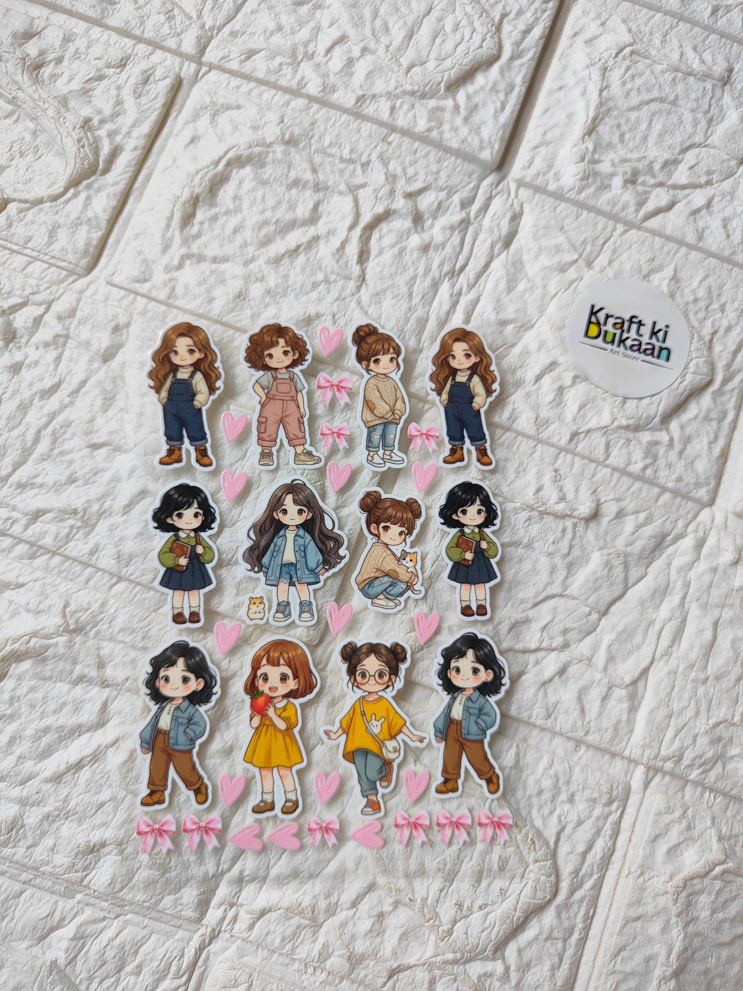 UV DTF peel-off sticker sheet with cartoon characters, hearts, and bows, kraft di Bukkan logo