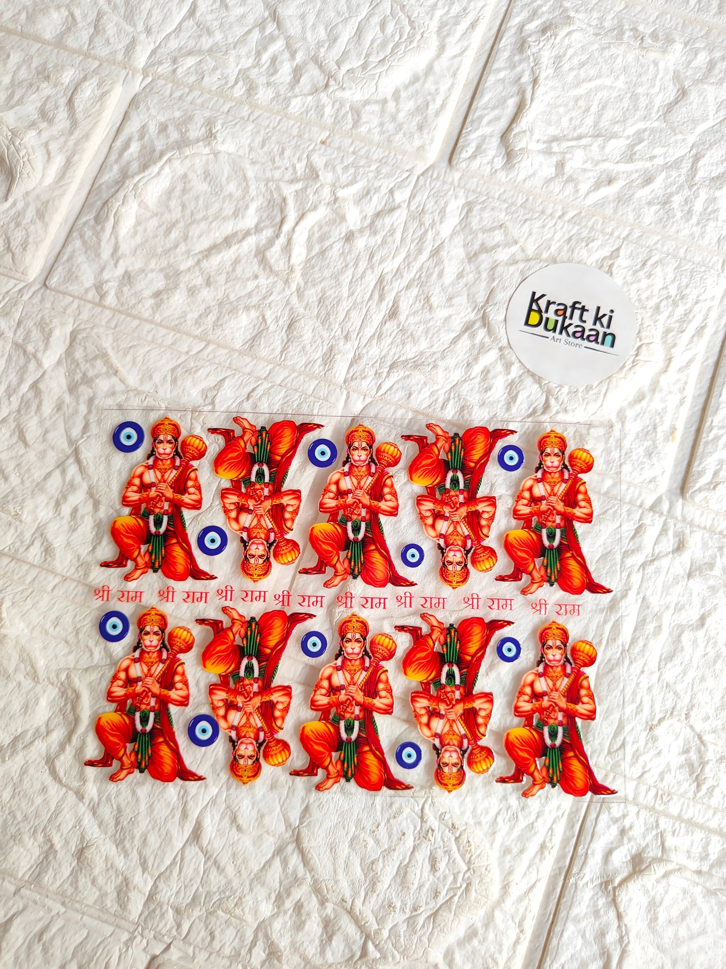 Peel-off sticker sheet with red illustrated figures and blue accents