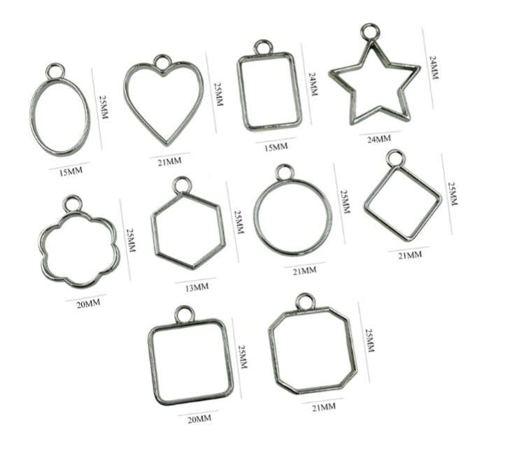 Silver plain bezel pendant shapes with size labels in mm: heart, star, square, circle, octagon