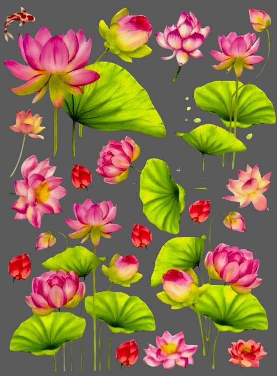 UV DTF peel-off sticker sheet with pink lotus flowers and green leaves, assorted shapes