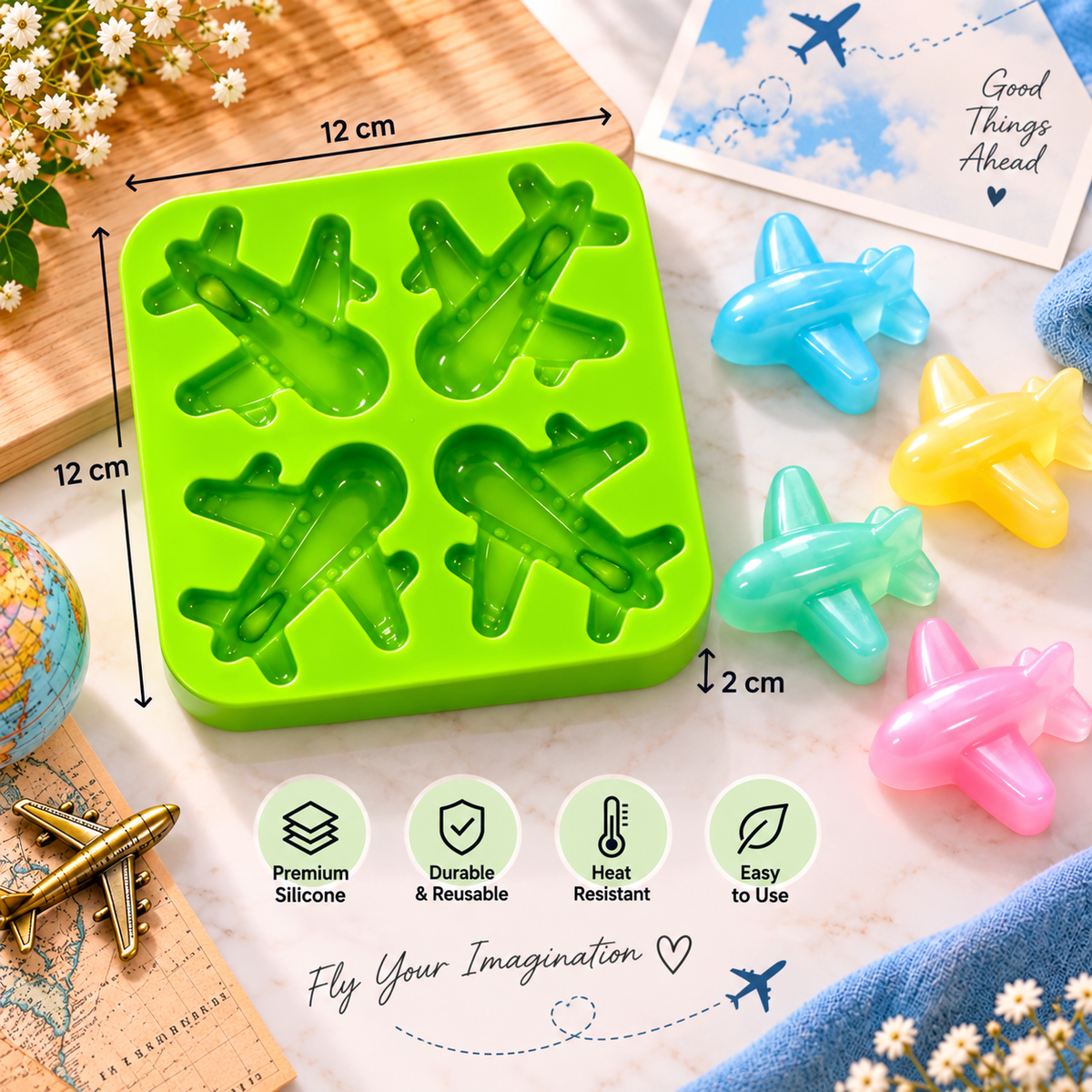 Green silicone airplane shape mould with six cavity bays for baking or crafts