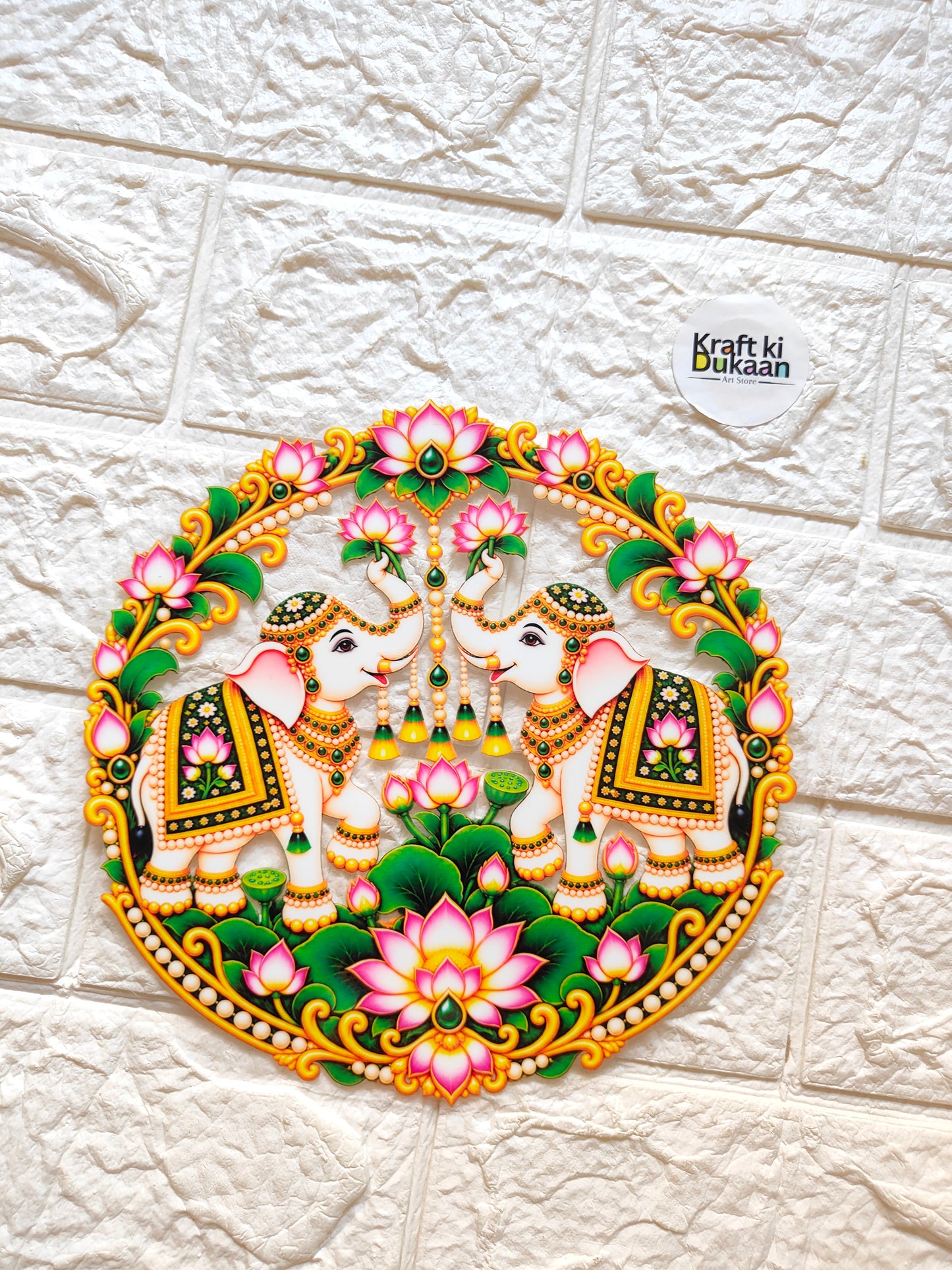 Round peel-off sticker featuring colorful deity artwork with floral border