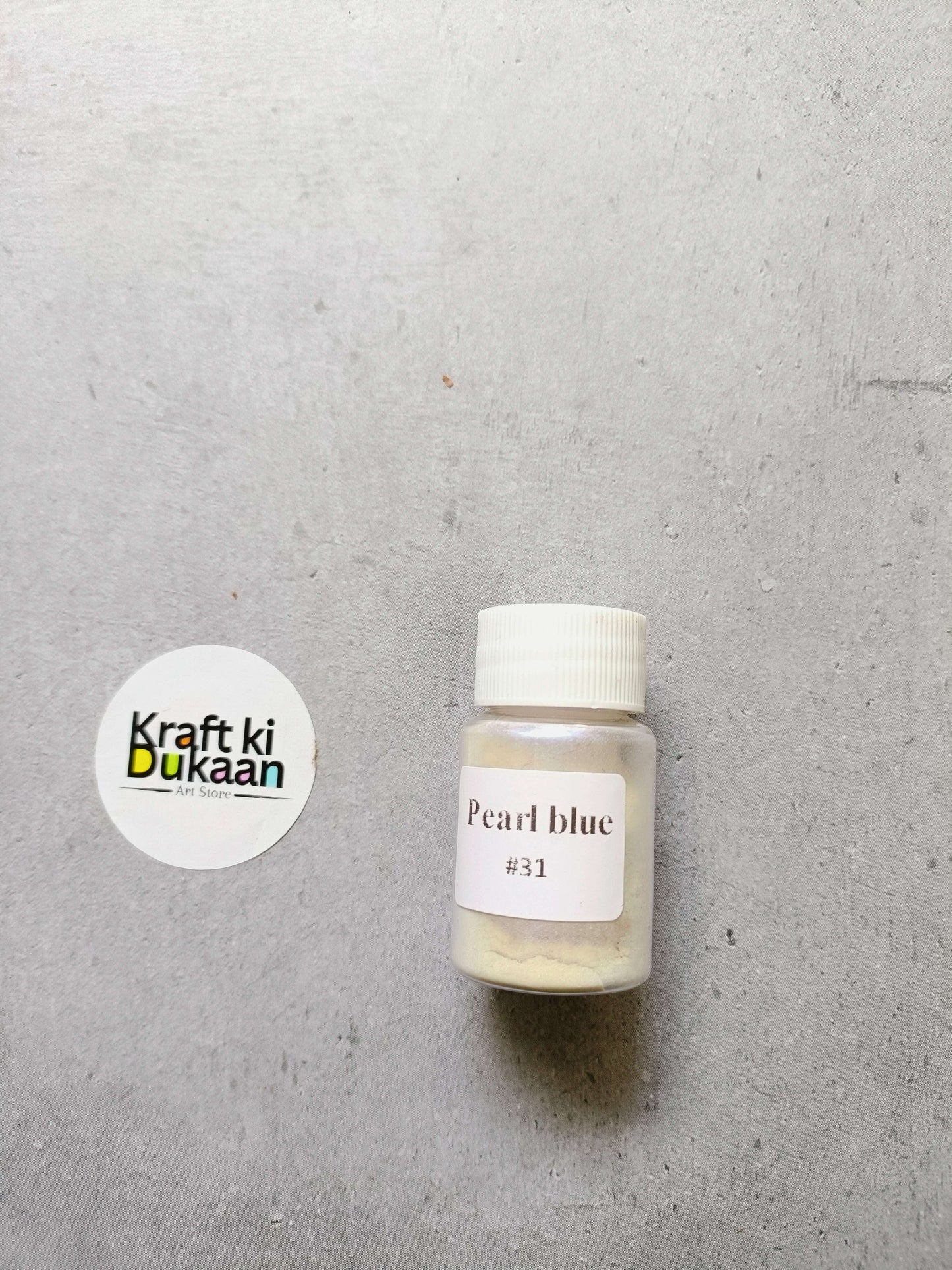 MICA powder bottle, pearl blue mica pigment in labeled jar with white cap