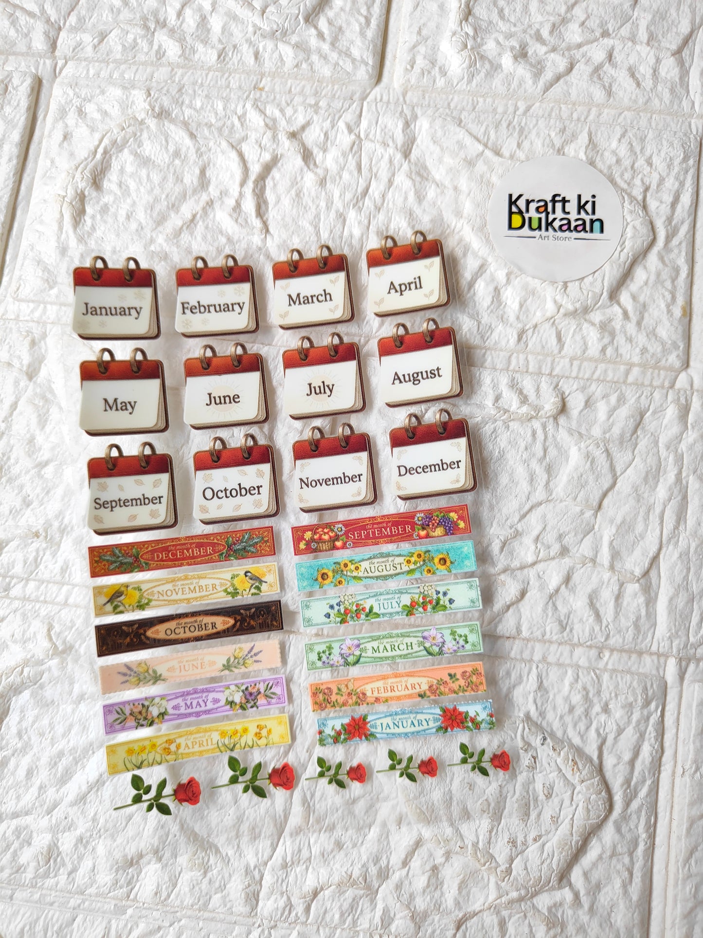Peel-off sticker sheet with month tags (January–December) and floral motifs