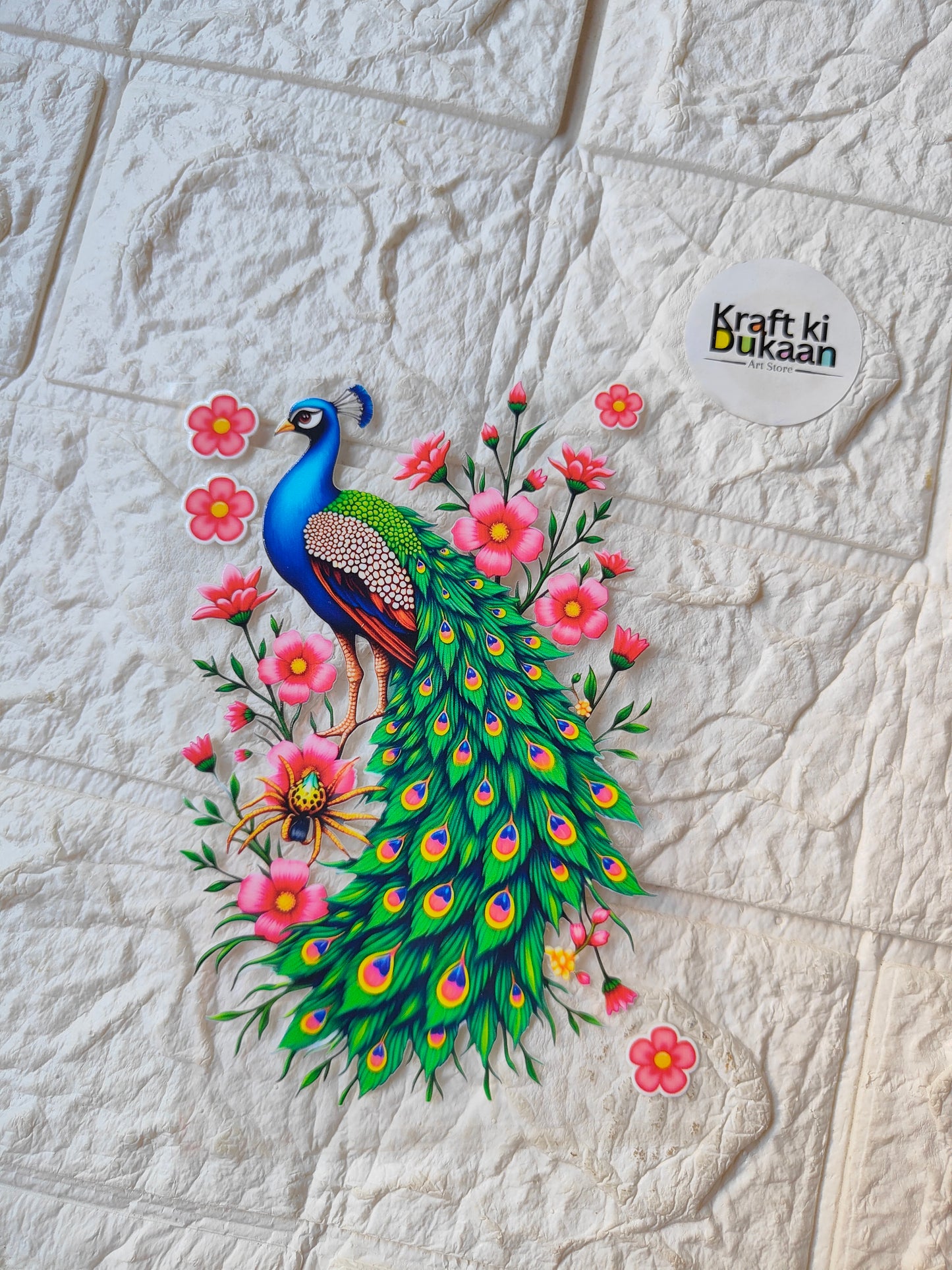 UV DTF peel-off sticker sheet with colorful peacock and pink flowers design
