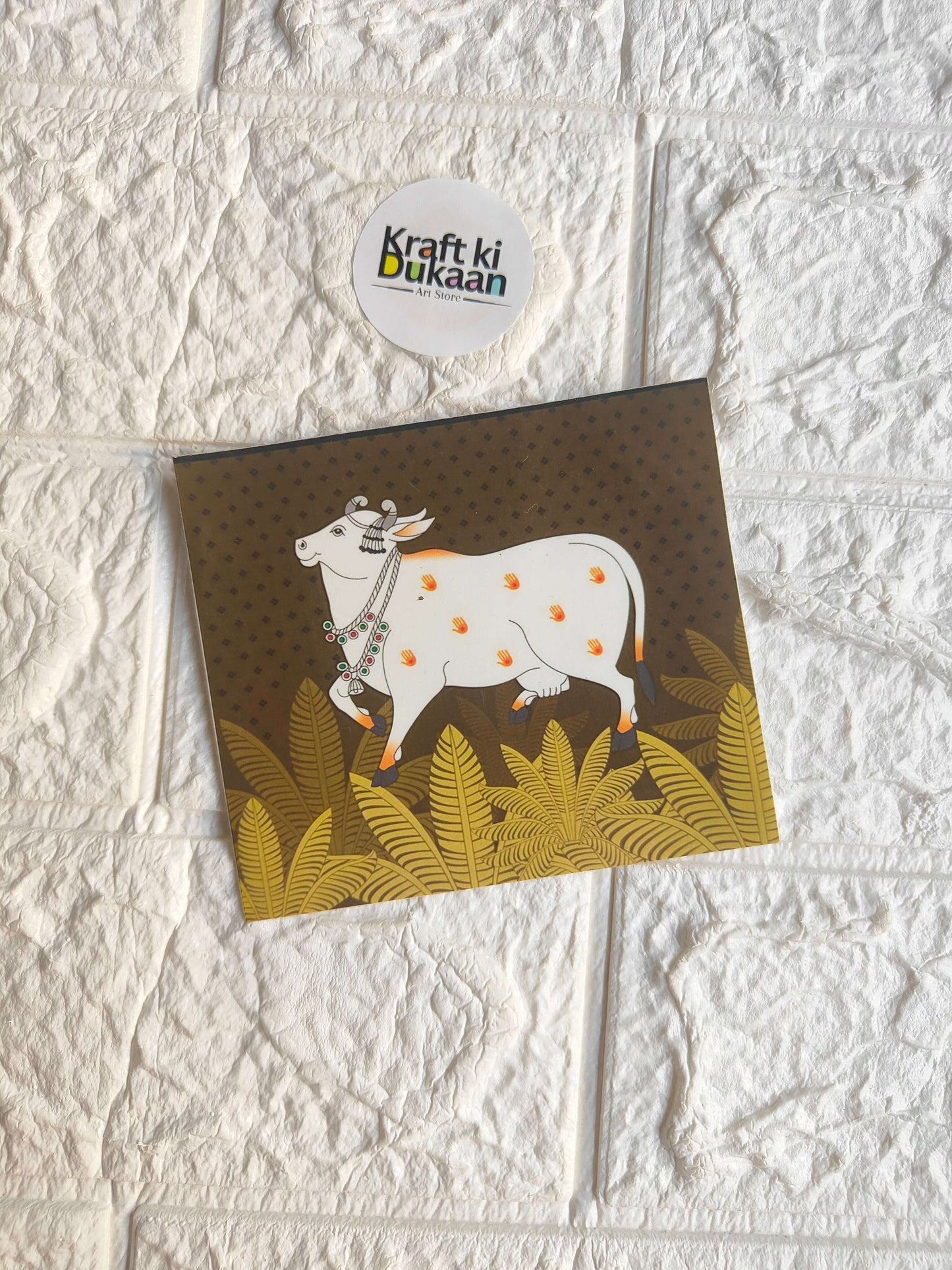 Mini colour sticker sheet with white dog, orange dots, and yellow leaf pattern