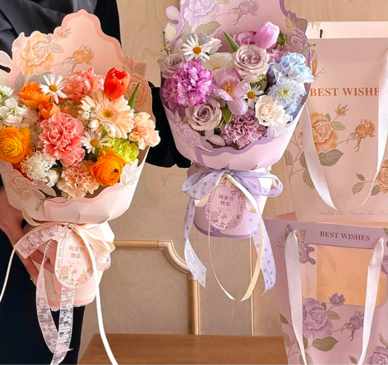 Flower bouquet cardboard wrap set, pastel pink and lavender, scalloped top with ribbon