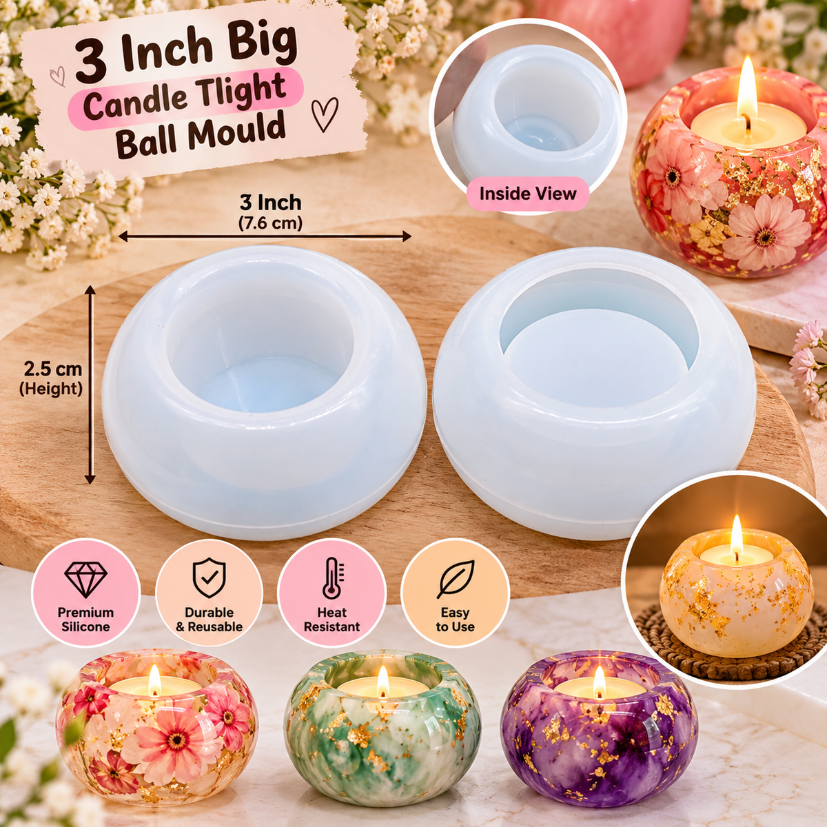 3-inch round silicone candle tlight ball mould, two circular cavities, white