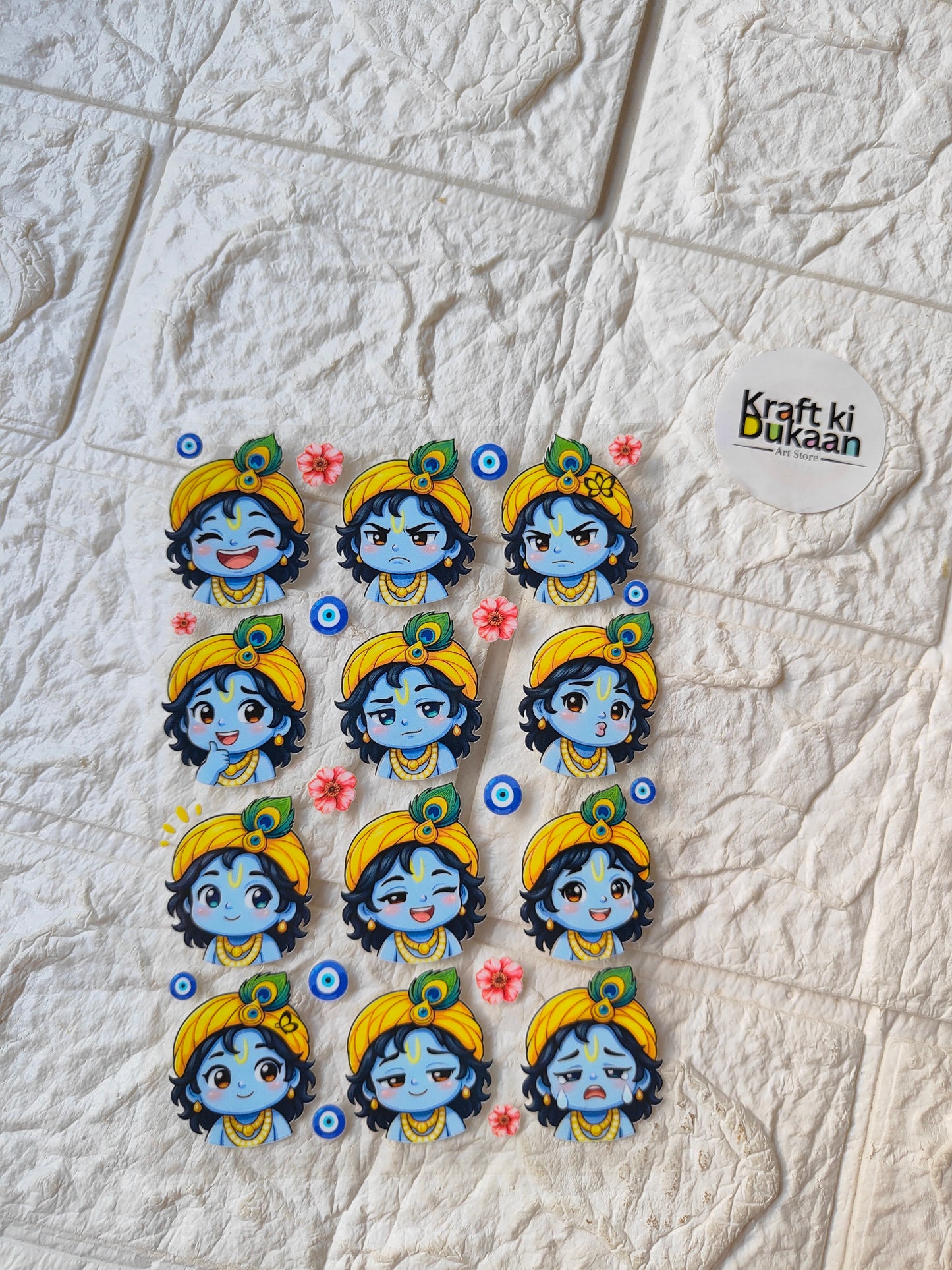 Cartoon girl peel-off sticker sheet with blue heads and flower accents