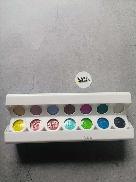 Fevicryl Yudu poster colour palette with assorted paint discs in open tray