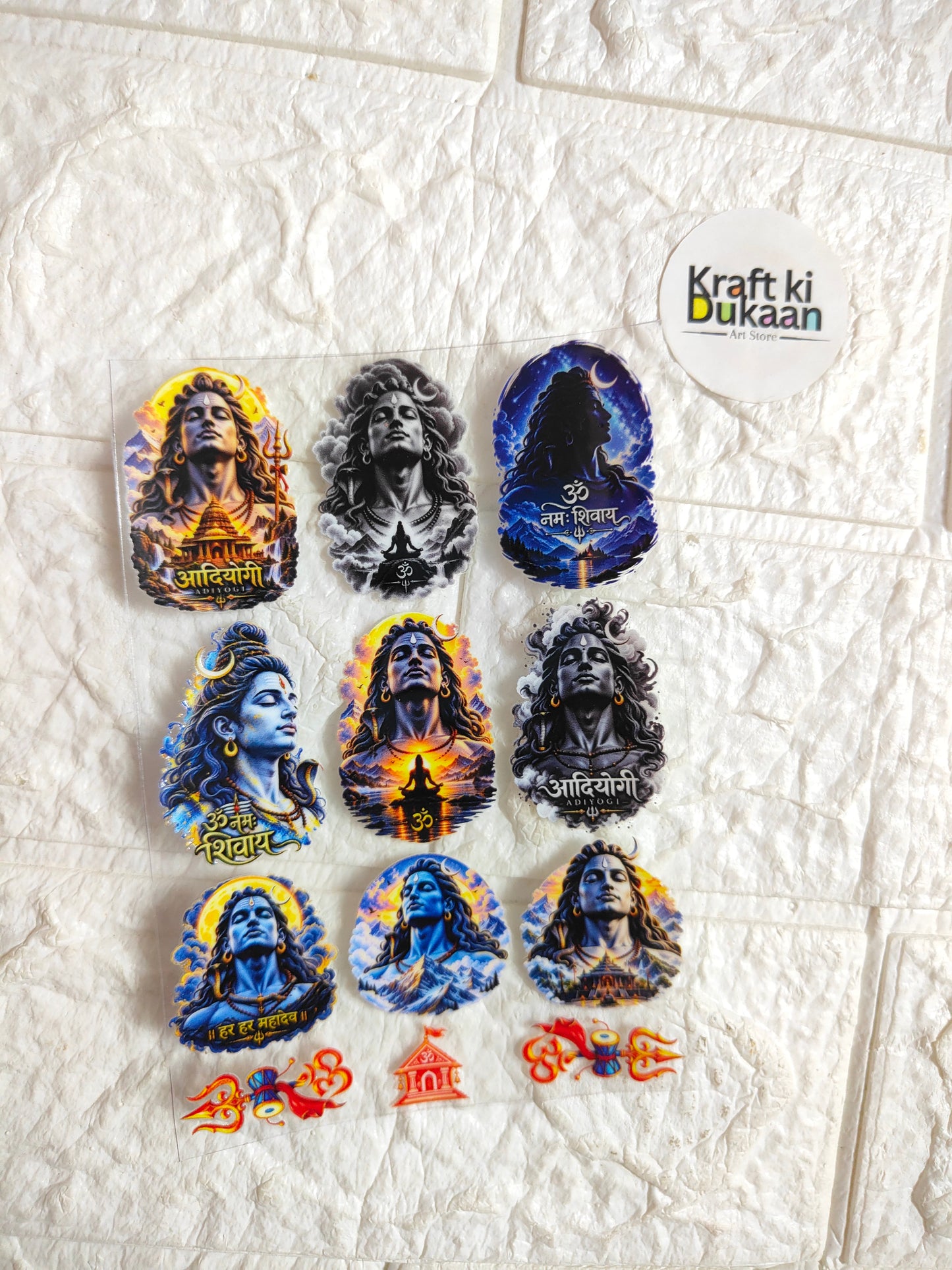 Peel-off sticker sheet with nine colorful circular portrait designs