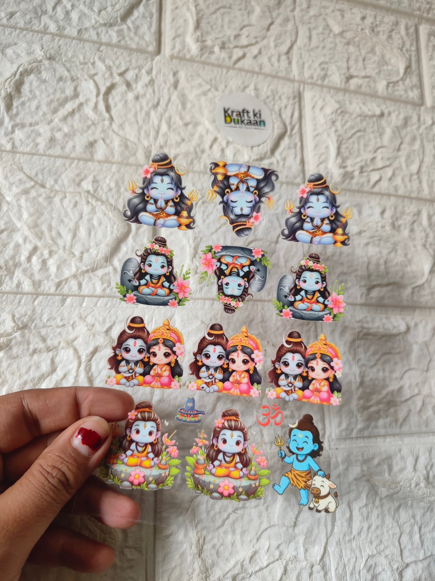 Peel-off sticker sheet with cute cartoon characters and colorful floral accents