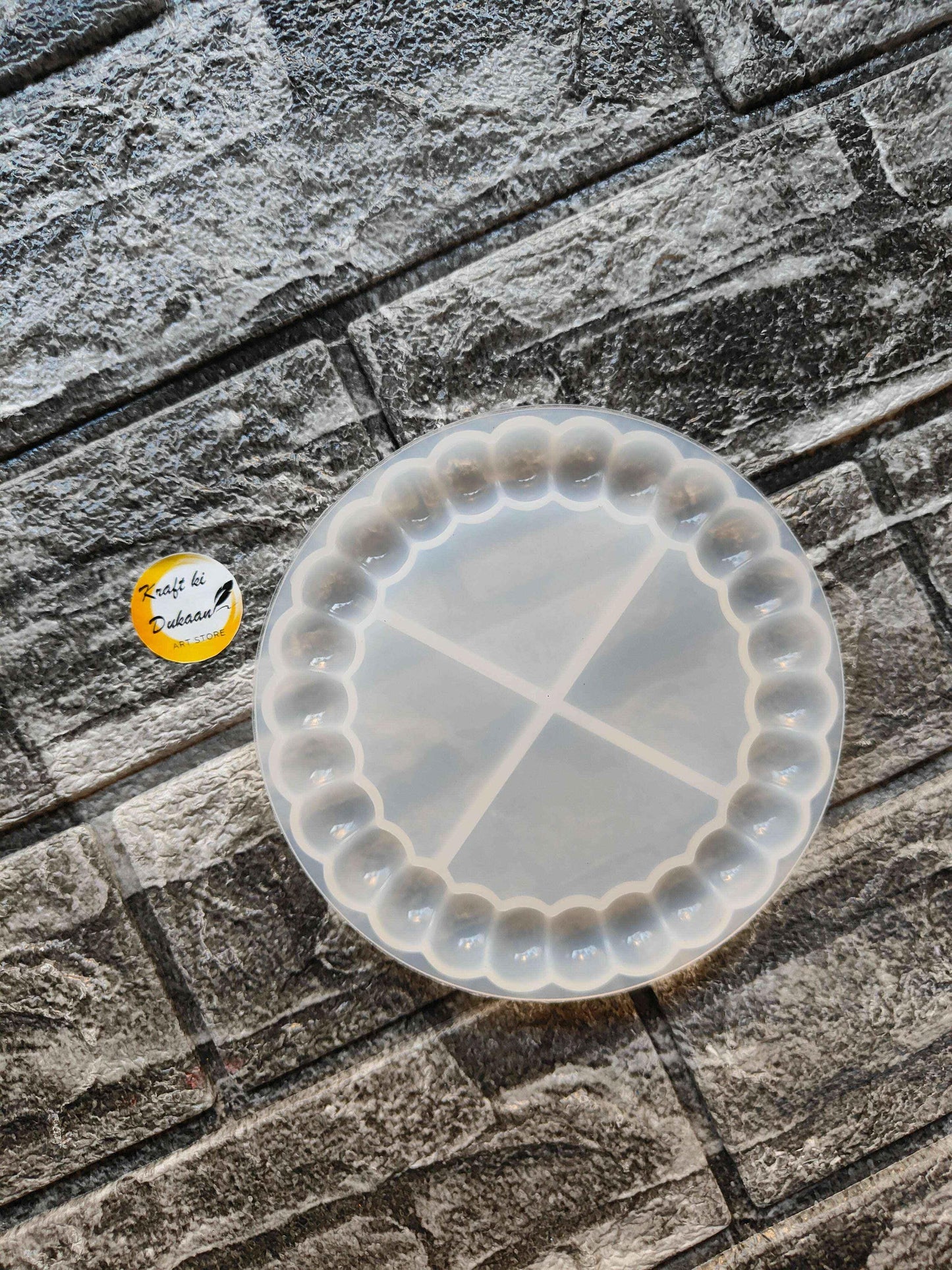 Round bubble dish mould, clear translucent material with scalloped bead edge and grid pattern