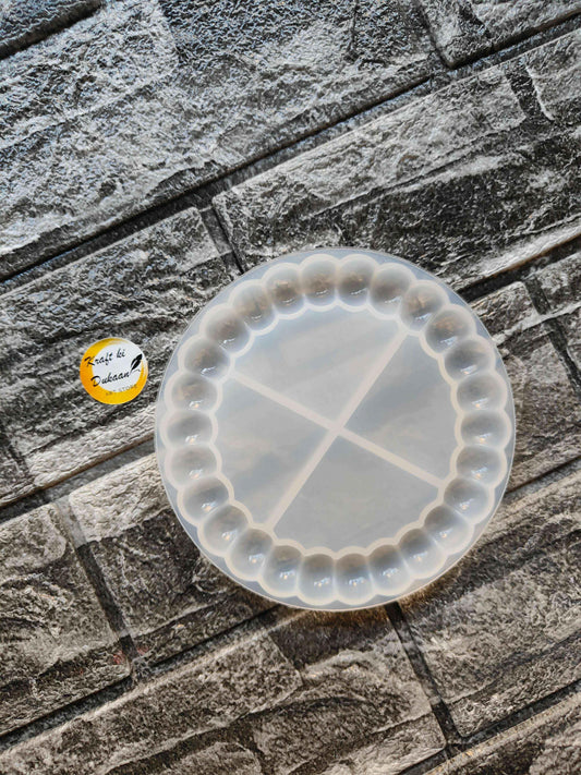 Round bubble dish mould, clear translucent material with scalloped bead edge and grid pattern