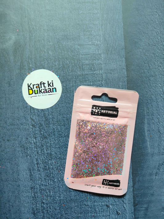 Glitter Shapes Sequins pack, rose gold hex shapes in a pink pouch
