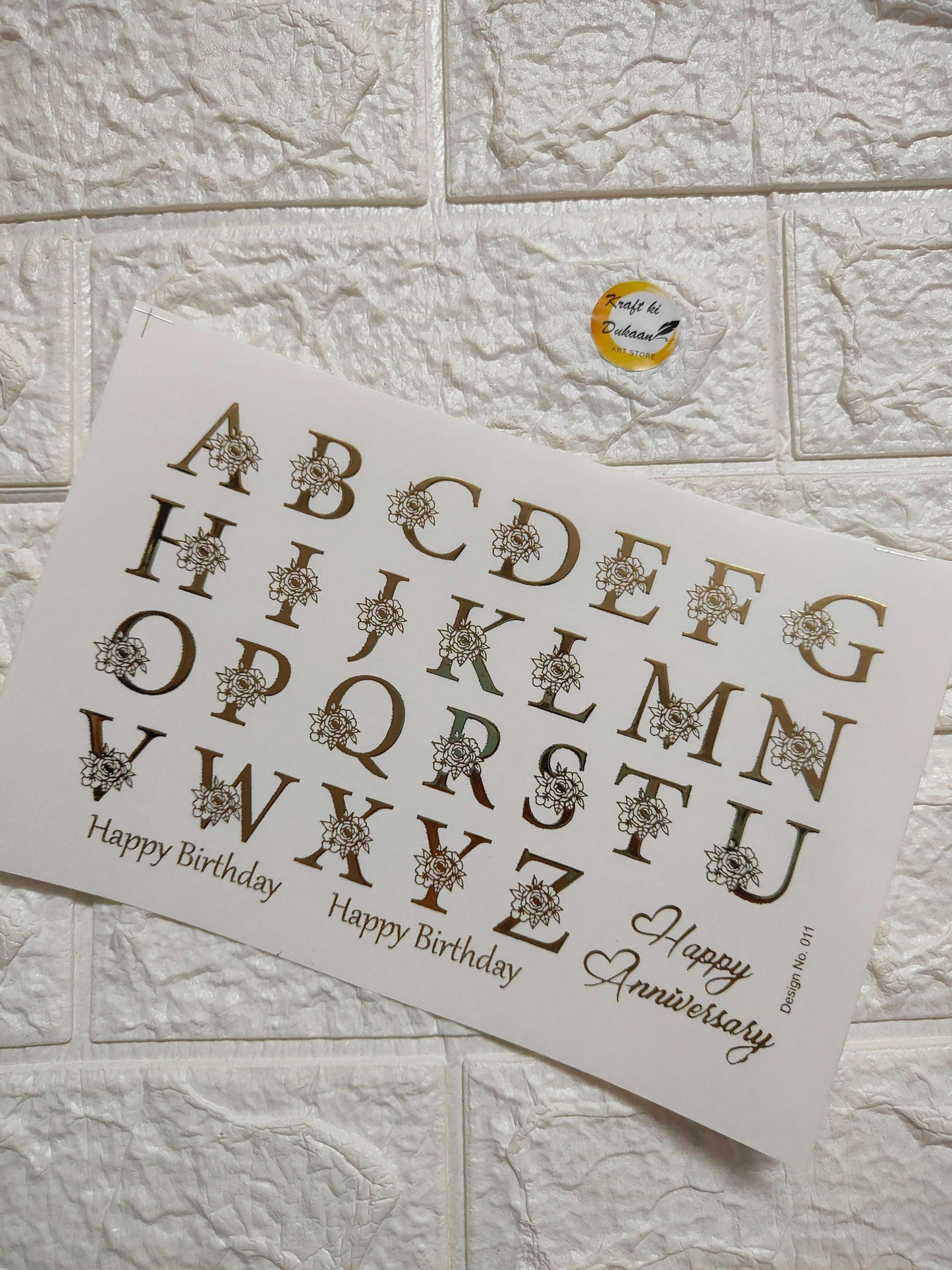 A5 gold embossed sticker sheet with decorative alphabet letters and birthday messages