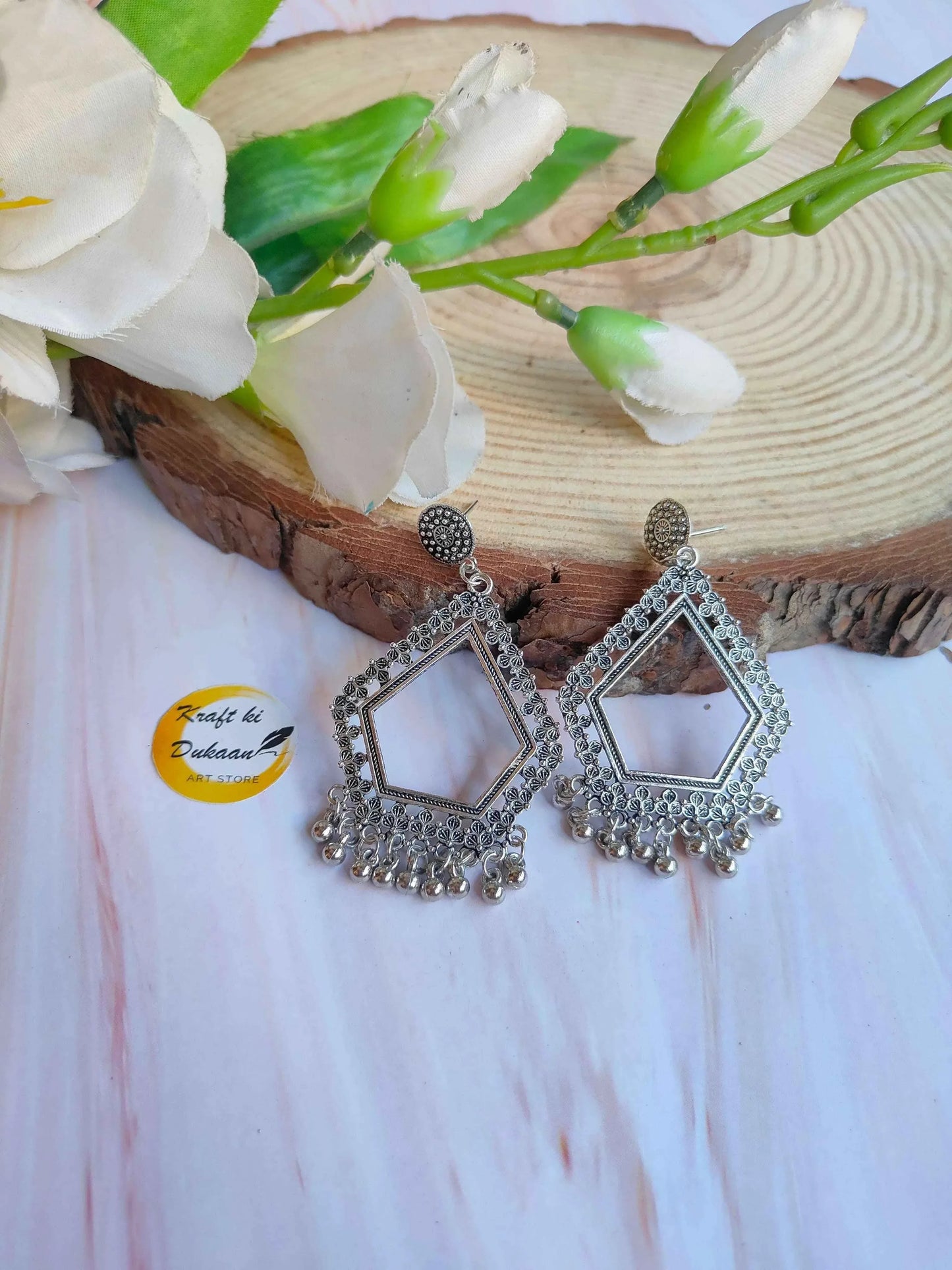 Silver Jhumka B14 earrings with hexagonal filigree and dangling fringe